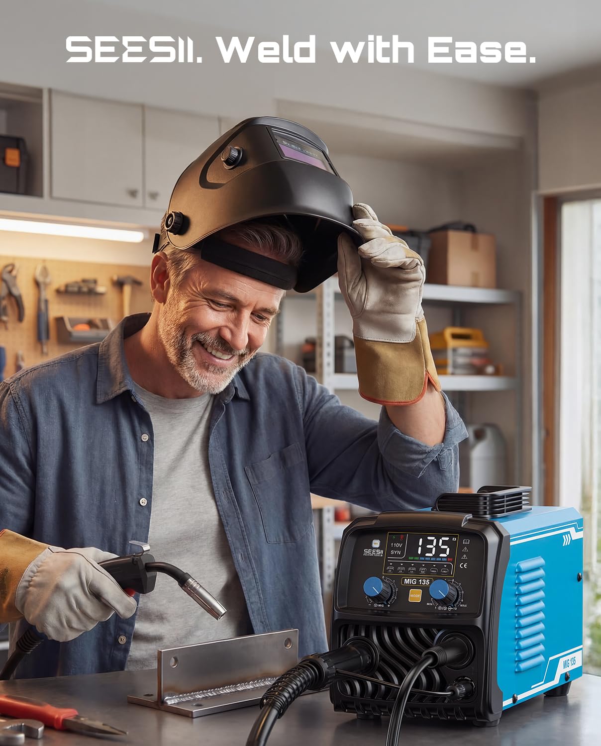 SEESII 135A MIG Welder 110V - 3-in-1 Gasless Flux Core/Lift TIG/Stick Welding Machine, 7.7lbs Portable IGBT Inverter, Large Digital Display Multi Process Welder