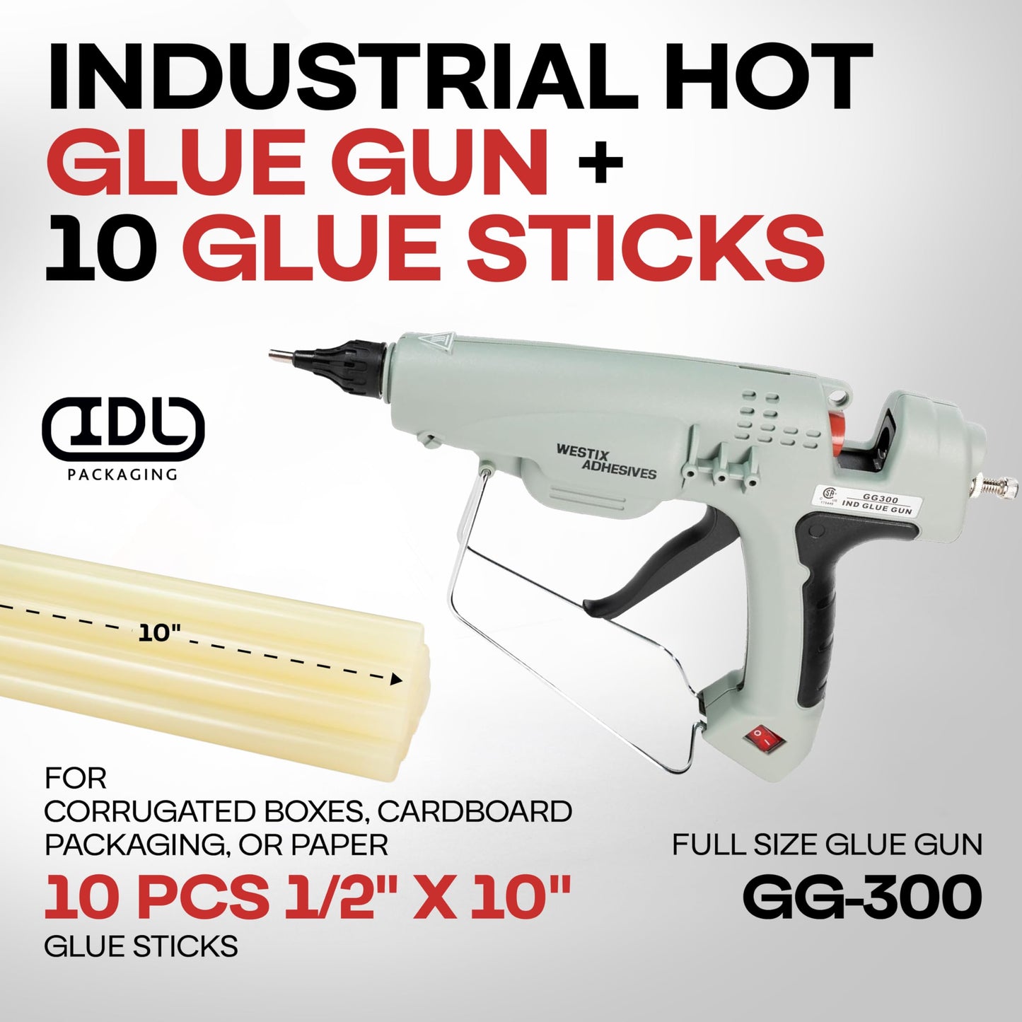 IDL Packaging GG-300 Industrial 300W Hot Glue Gun with 10 pcs Glue Sticks - 1/2" x 10" Full-Size Glue Sticks, Amber - Hot Glue Gun Kit for Corrugated Boxes, Cardboard Packaging, or Paper