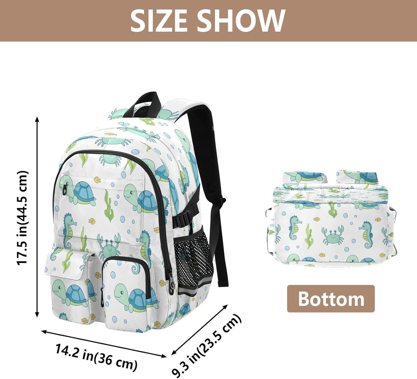 Bolaz Backpack 14 Inch Turtle Seahorse Crab Travel Laptop Computer Bag Sturdy School Bag College Bookbag