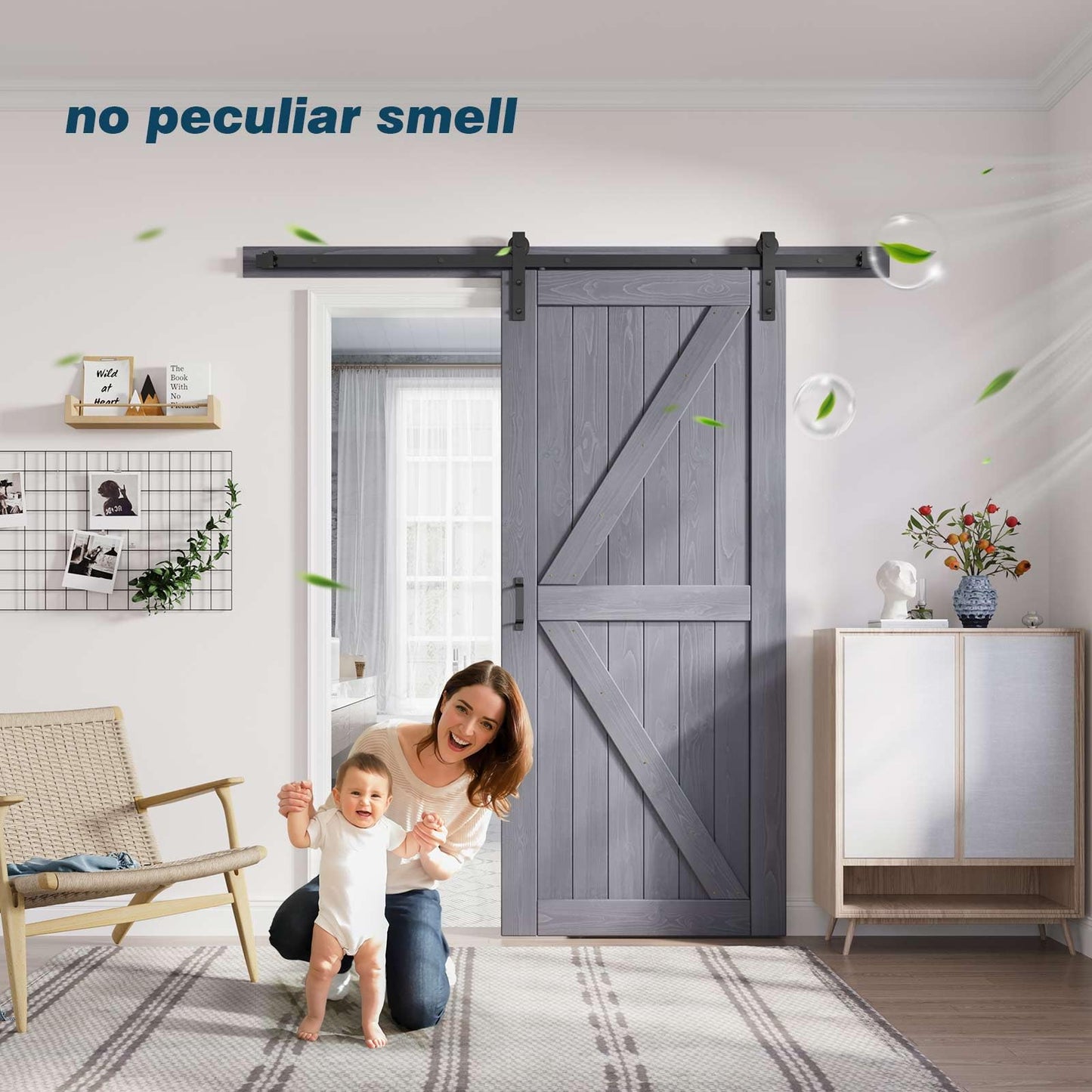 FREDBECK 36in x 80in Gray Wood Barn Door Slab with 6.6ft (79inch) Barn Door Hardware Track Kit Included, Double Surfaces,Simple Assembly is Required,K-Frame,Grey