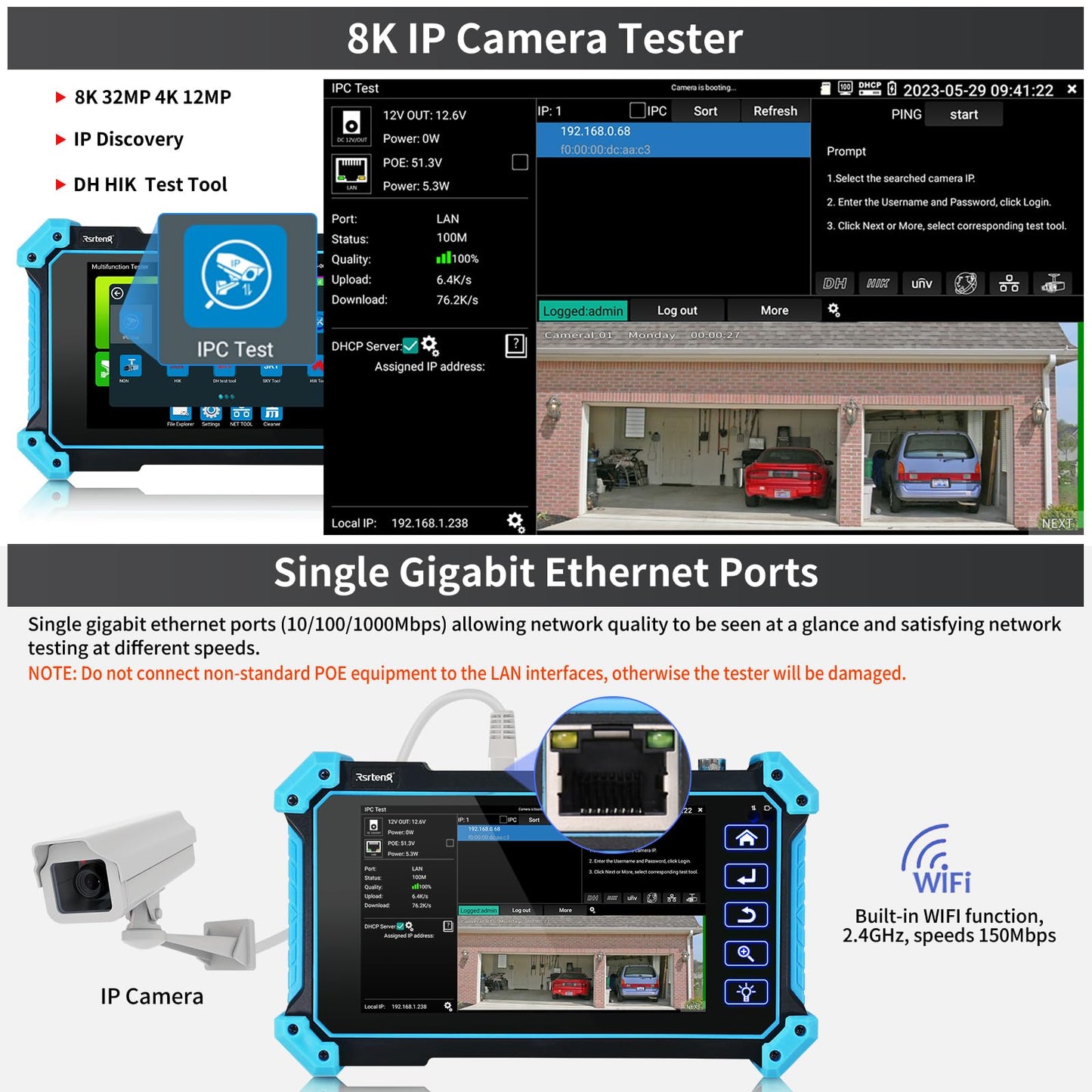 Rsrteng 8K 32MP 4K 12MP IP Camera Tester, IPC-5100 Plus 8MP AHD CVI TVI CVBS 4K HD Display Video Monitor 5.4 inch IPS Touch Screen IPC Tester Support POE PTZ W-i-F-i RS485 HD & VGA Input DC12V Output