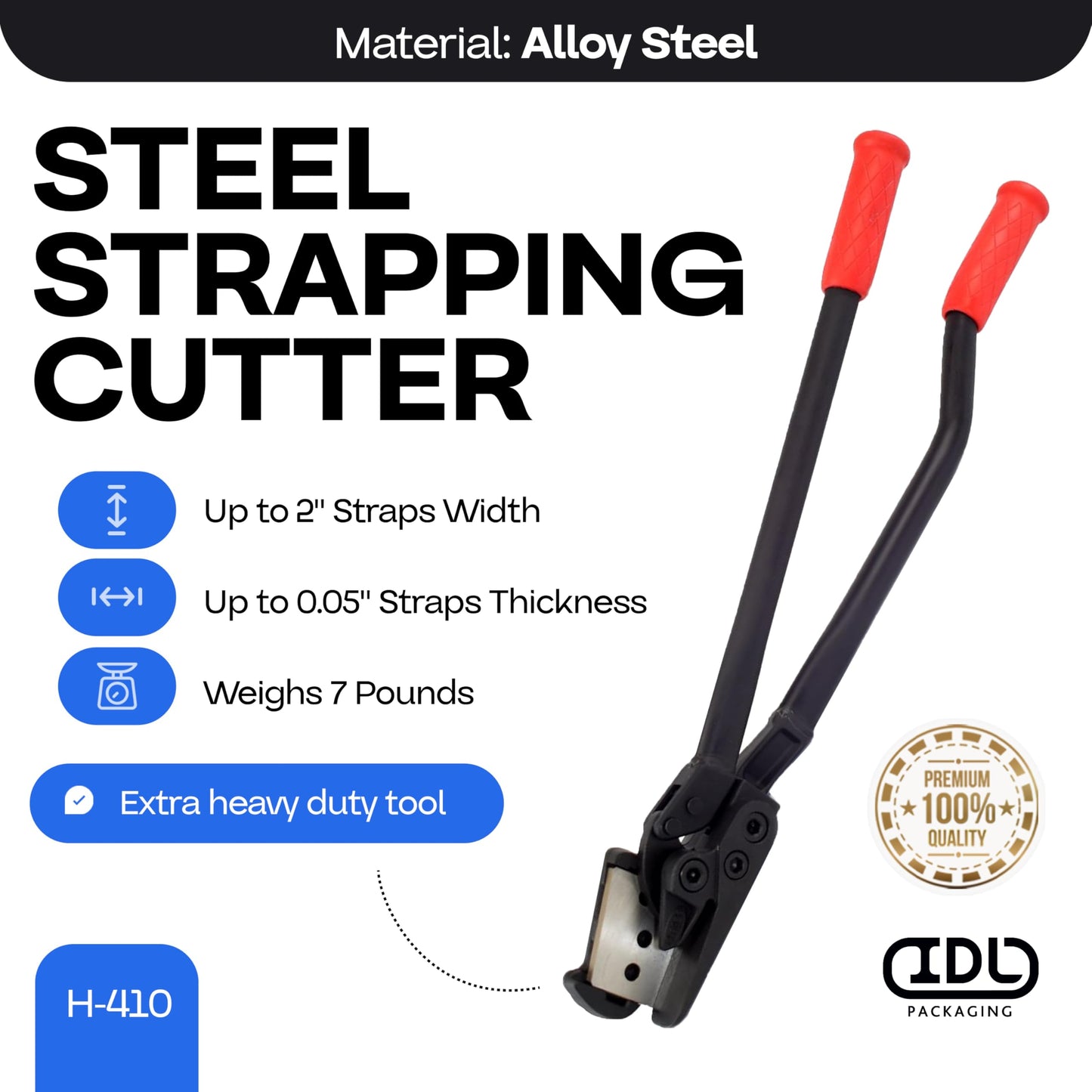 IDL Packaging H-410 Steel Strapping Cutter for up to 2" Width and 0.05" Thickness – Heavy-Duty Best in Class Tool with Long Handles