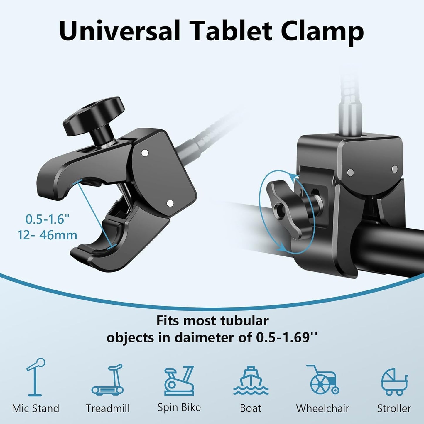 Evekea 4.7-12.9" Gooseneck Tablet Holder, iPad Holder for Stroller/Treadmill/Golf Cart/Boat/Mic Stand/Wheelchair/Gym