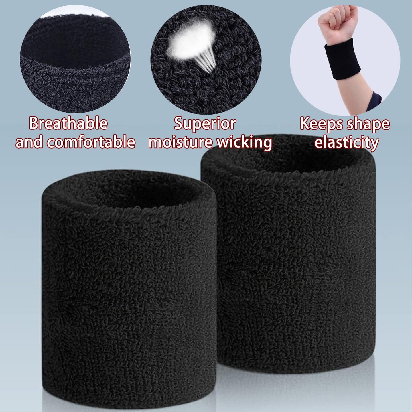 2 Pair Wrist Sweatbands Sports Wristbands for Men & Women, Stretchy & Sweat Absorbing Cotton Terry Cloth Wristband for Football Basketball, Running (Grey)