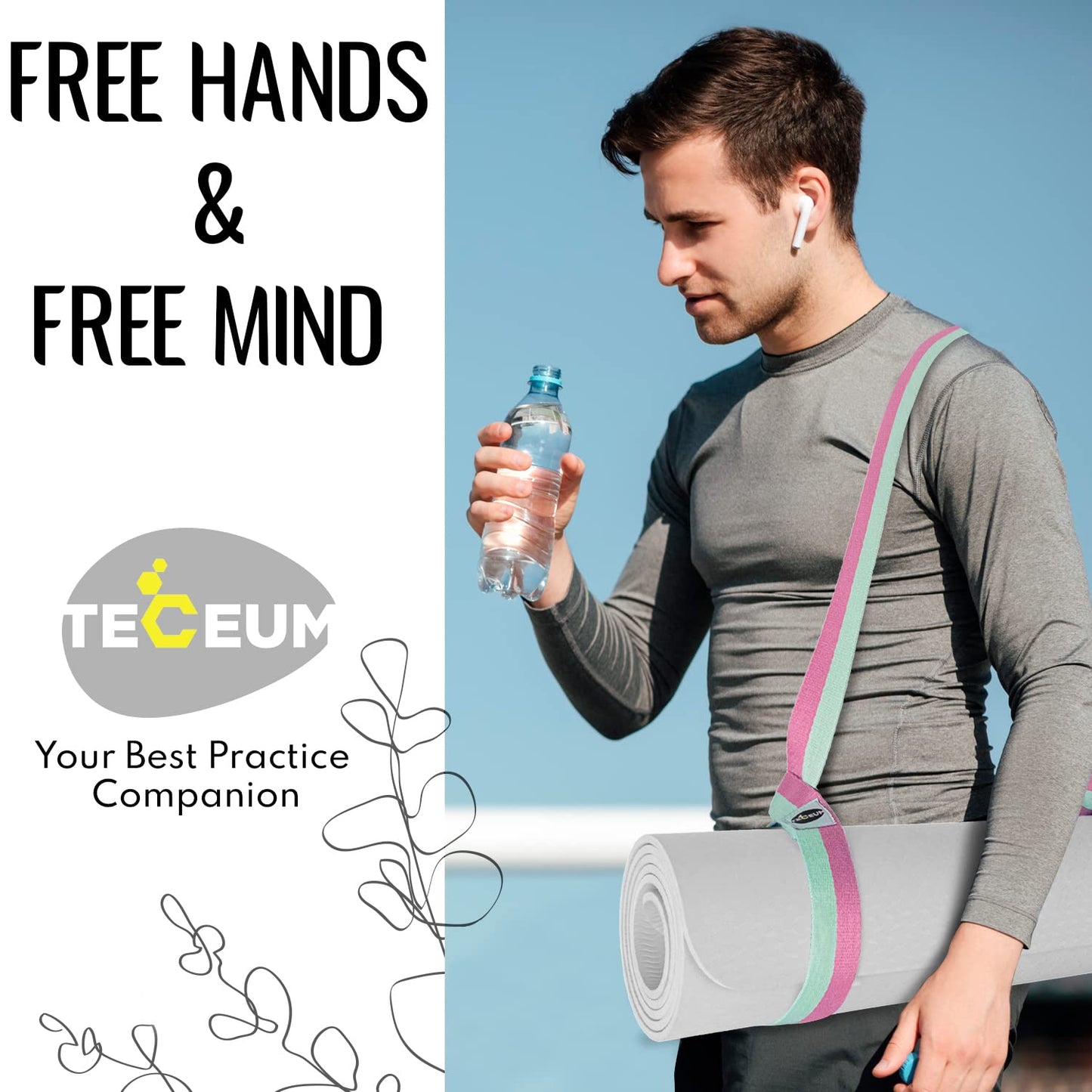 TECEUM Yoga Mat Strap – 30+ Colors – Adjustable Mat Holder Sling Carrier for All Mats [Mat Not Included]