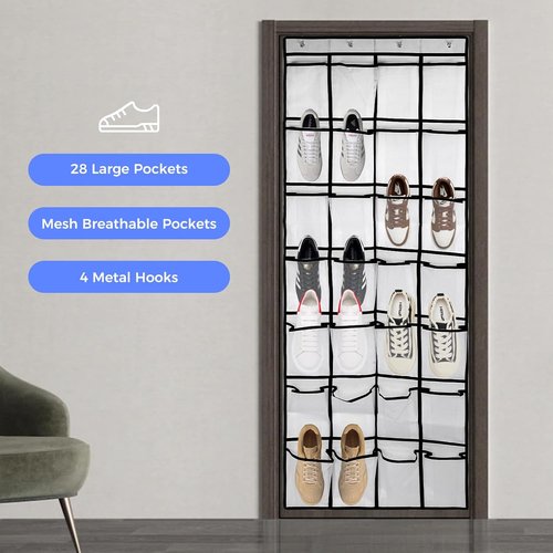 GOMAJI Large Capacity Over the Door Shoe Organizer - 28 Pockets with 4 Metal Hooks for Easy Storage