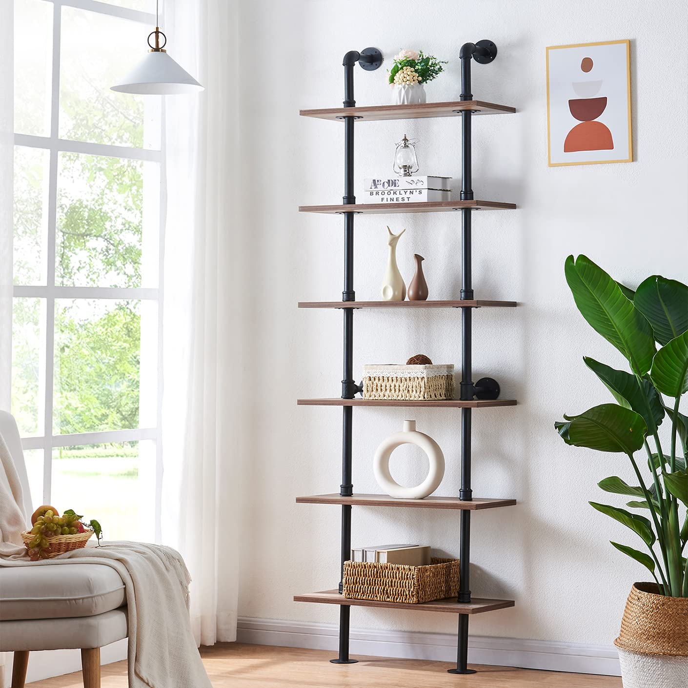 HOMBAZAAR Industrial Pipe Bookshelf,6 Tier Pipe Shelving,Wall Mounted Ladder Shelves with Metal Frame for Home Office,Living Room,Oak Brown