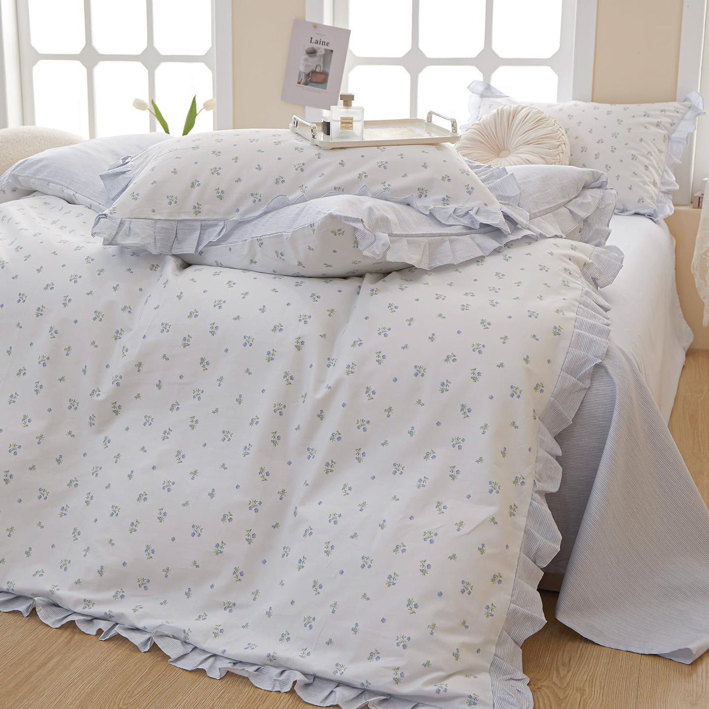 AMZTOP Duvet Cover Queen Size Chic Blue Ruffle Floral 100% Cotton Set, 3Pcs Teen Girls Flower Comforter Cover with Zipper Closure, Princess Queen Bedding Sets 90"x90"