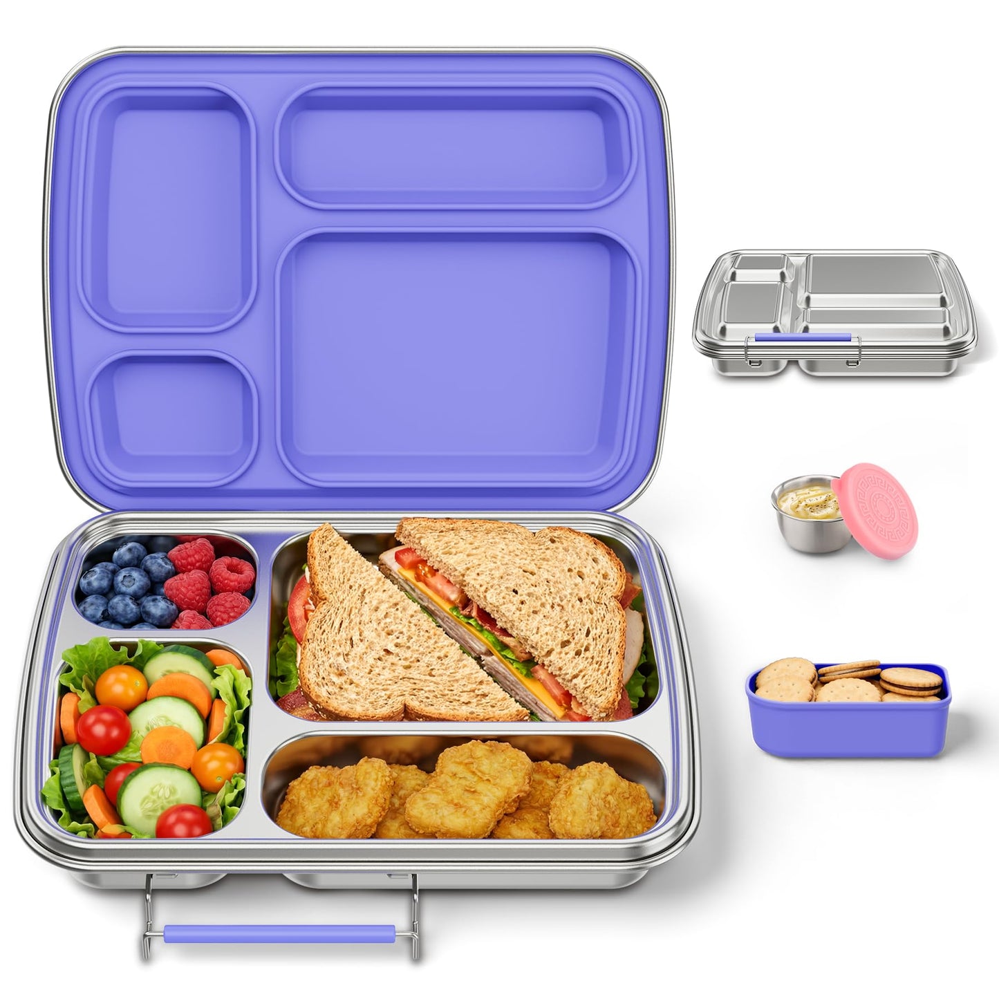 Eoika Stainless Steel Bento Box for Kids, Kids Lunch Box with 4-Compartment, Metal Lunch Box with Silicone Container & Sauce Cup, Durable Lunch Box Containers for School and Office(Purple)