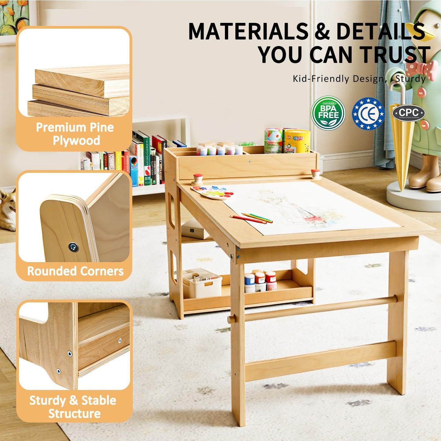 WINGYZ Kids Art Table and Chairs - Toddler Activity Table and 2 Chair Set with Storage Cabinet, 5 in 1 Kids Desk Craft Table with Paper Roll for Drawing Playrooms Daycare Classroom Gifts