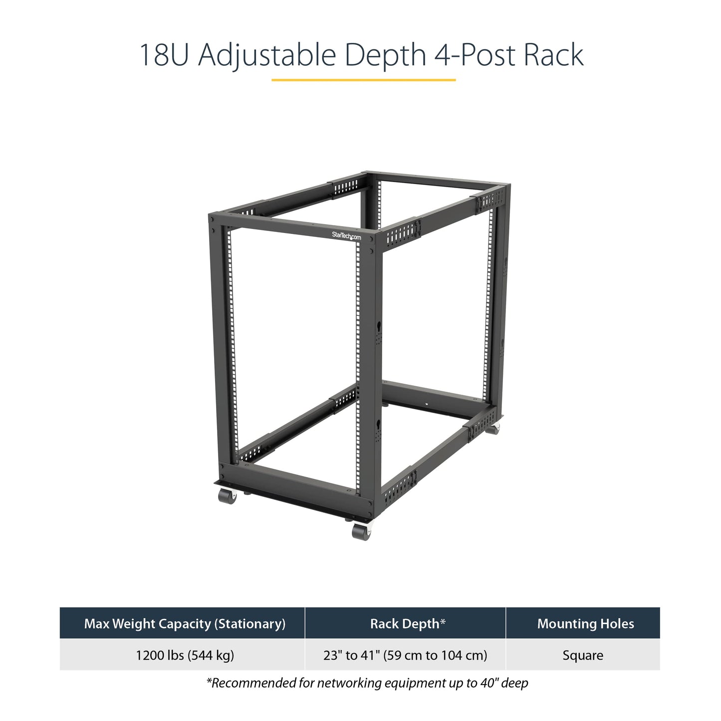 StarTech 18U 4-Post Server Rack, 19in Open Frame Rack with 40in (101cm) Mounting Depth and 1200lb (544kg) Weight Capacity, Mobile or Floor Mount IT Rack