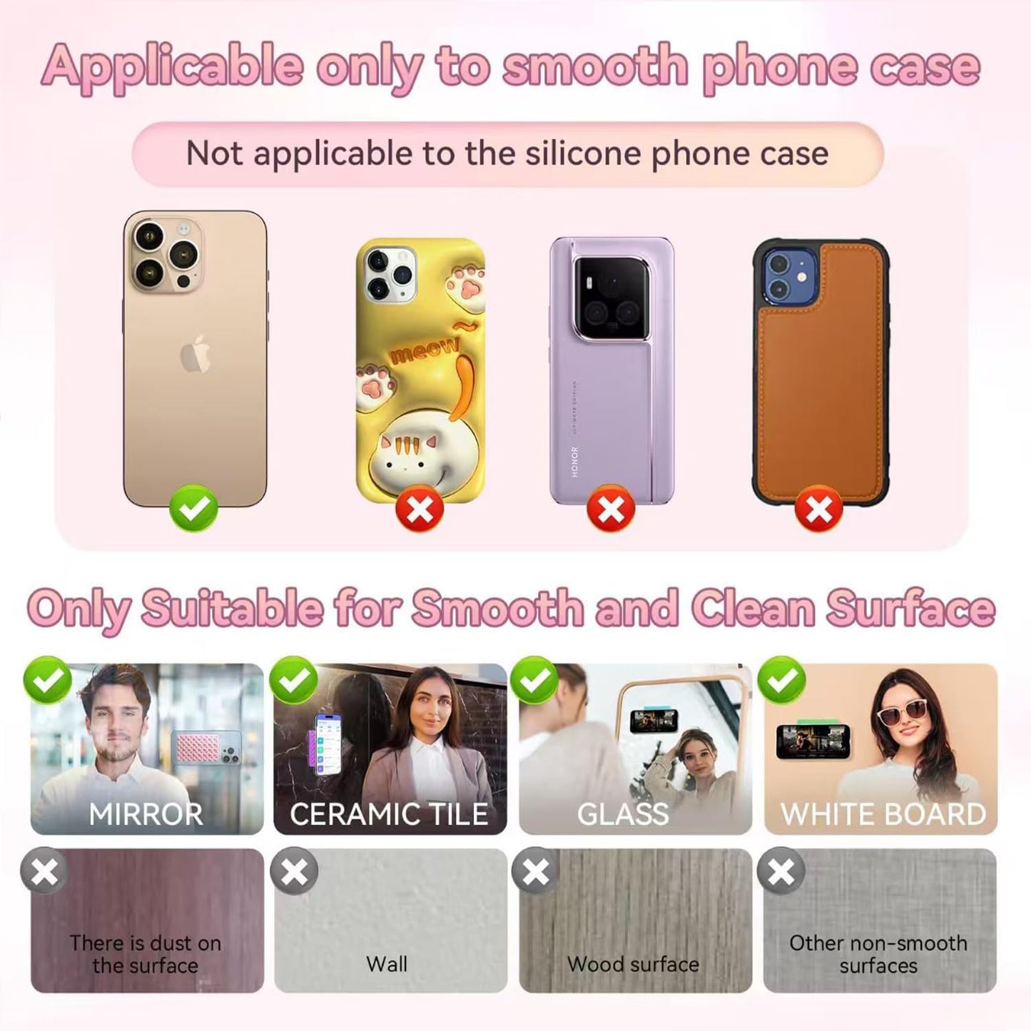 ALiHAN 2 Pack Silicone Suction Phone Case Mount, Double Sided, Non Slip Suction Cup Phone Mount, Silicon Sticky Phone