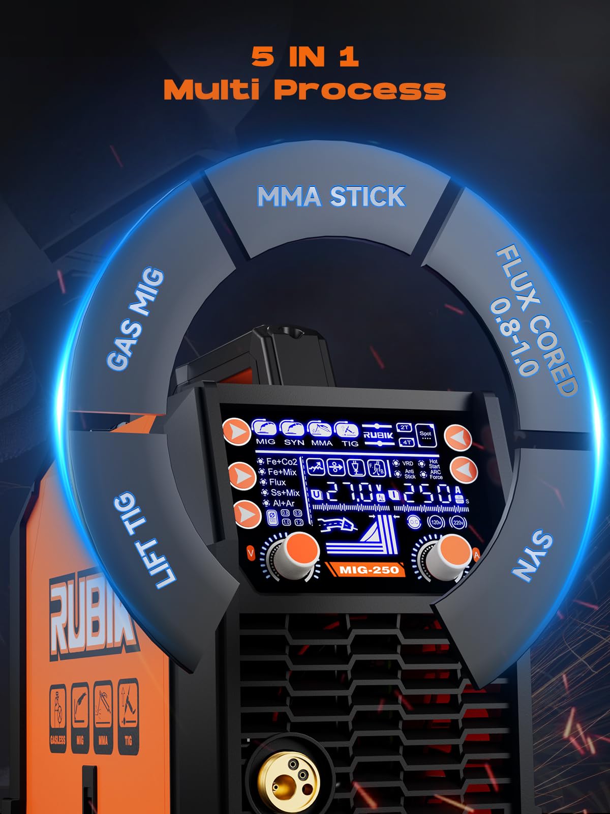 RUBIK Aluminum MIG Welder 250Amp, 5 in 1 MIG/Stick/Lift TIG Welder Gas Gasless Digital MIG Welder 110V/220V Dual Voltage LCD Display Welding Machine, Professionals Multi Process Welder