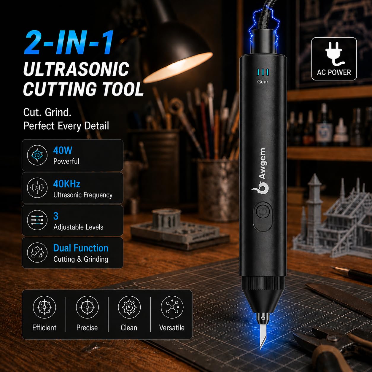 Ultrasonic Cutter Knife,40kHz Vibration & 40W,2in1 Ultrasonic Cutter & Polisher,Auto Power Adjustment,3 Cutting Powers For 3D Printing,Model Mods & DIY