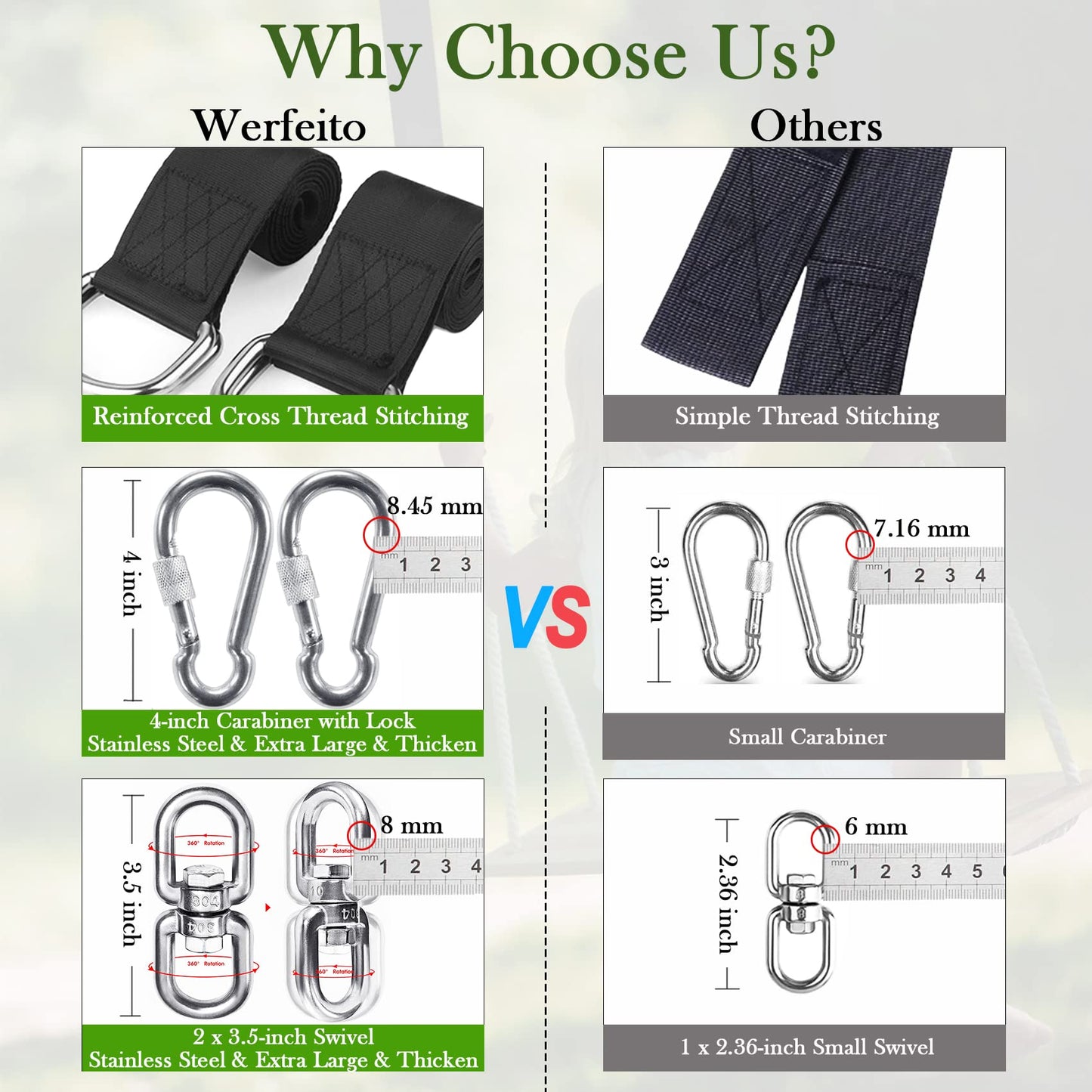 Werfeito Tree Swing Straps Hanging Kit (Set of 2), 3FT/8FT/10FT/20FT/30FT Tree Swing Straps Holds 5000 lbs with Tree Protector, Heavy Duty Carabiner and Swivel Perfect for Swings & Hammocks(20 FT)