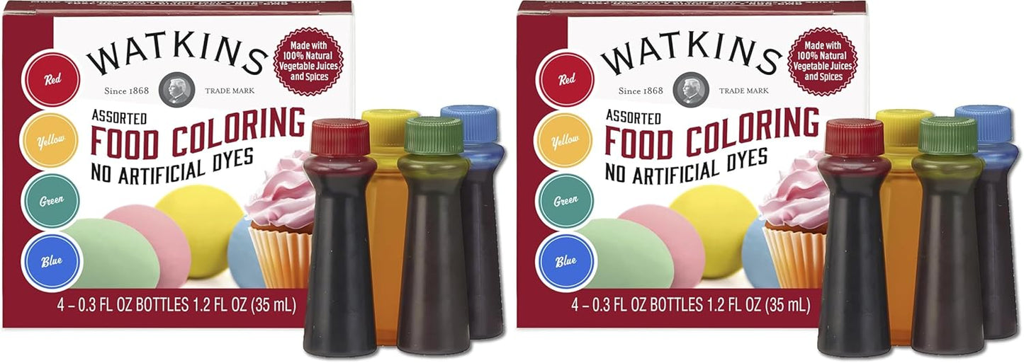 Watkins Food Coloring Set - Assorted Red, Yellow, Green & Blue - 0.3 oz Bottles, 4 Count (Pack of 2)