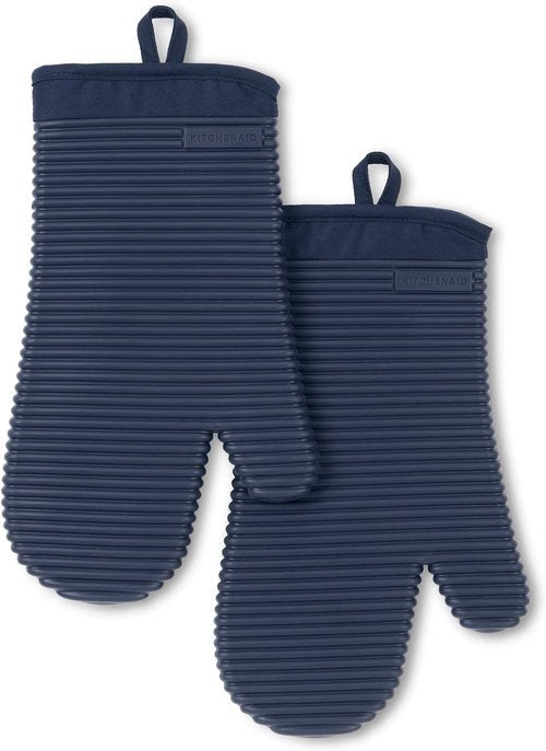 KitchenAid Ribbed Soft Silicone Oven Mitts - 2-Pack Set, 7.5"x13", Stylish Ink Blue