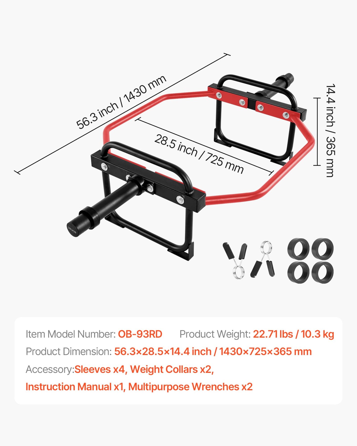 VEVOR Trap Bar Hex Bar, 2-Inch Hex Barbell, 500 LBS Capacity Shrug Bars, Weightlifting and Strength Training Equipment, Home Gym for Squats, Deadlifts, Shoulder Presses (Red)