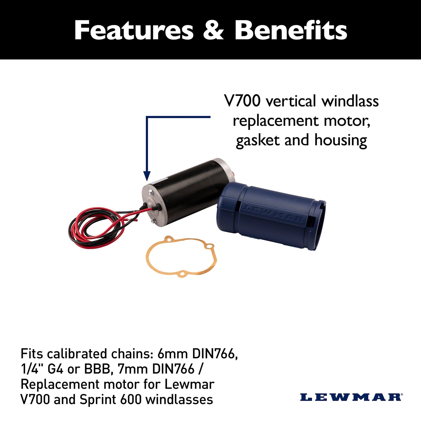 Lewmar Motor Kit, Fits Calibrated Chains: 6mm DIN766, 1/4" G4 or BBB, 7mm DIN766 / Replacement Motor for V700/Sprint 600 Windlasses - 2020200923