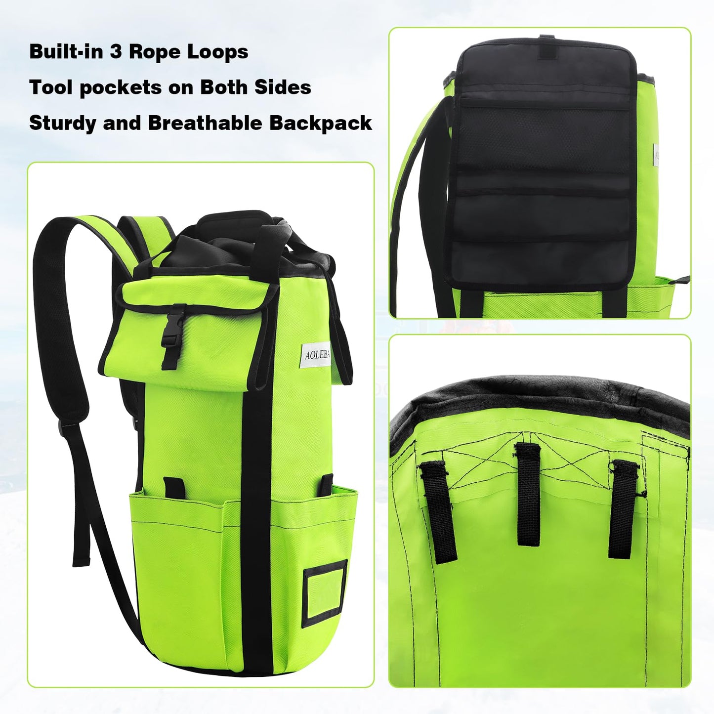 AOLEBA Arborist Rope Storage Bag Tree Climbing Rock Rope Bucket Backpack Rope Storage Bag Large Capacity 1680D Thicken Nylon Material with Hand Straps, Side Pockets - Neon Green