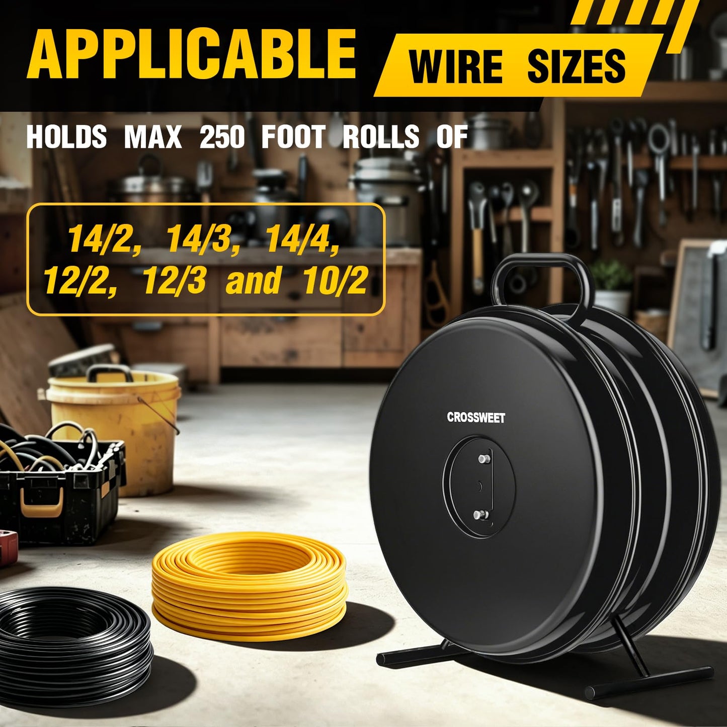 Upgraded 415D Wire Dispenser Wheel, Dual Capacity 2-Reel Wire Dispenser with Easy Grip Handle & Aluminum Reel, Compatible with 250ft 14/2 14/3 14/4 12/2 12/3 10/2 Electrical Wire Rolls
