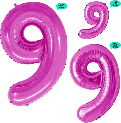GOER Number 9 Balloons - Hot Pink Foil Party Decorations for 9th Birthday | 3 Pack, 42 Inch, 32 Inch, 16 Inch