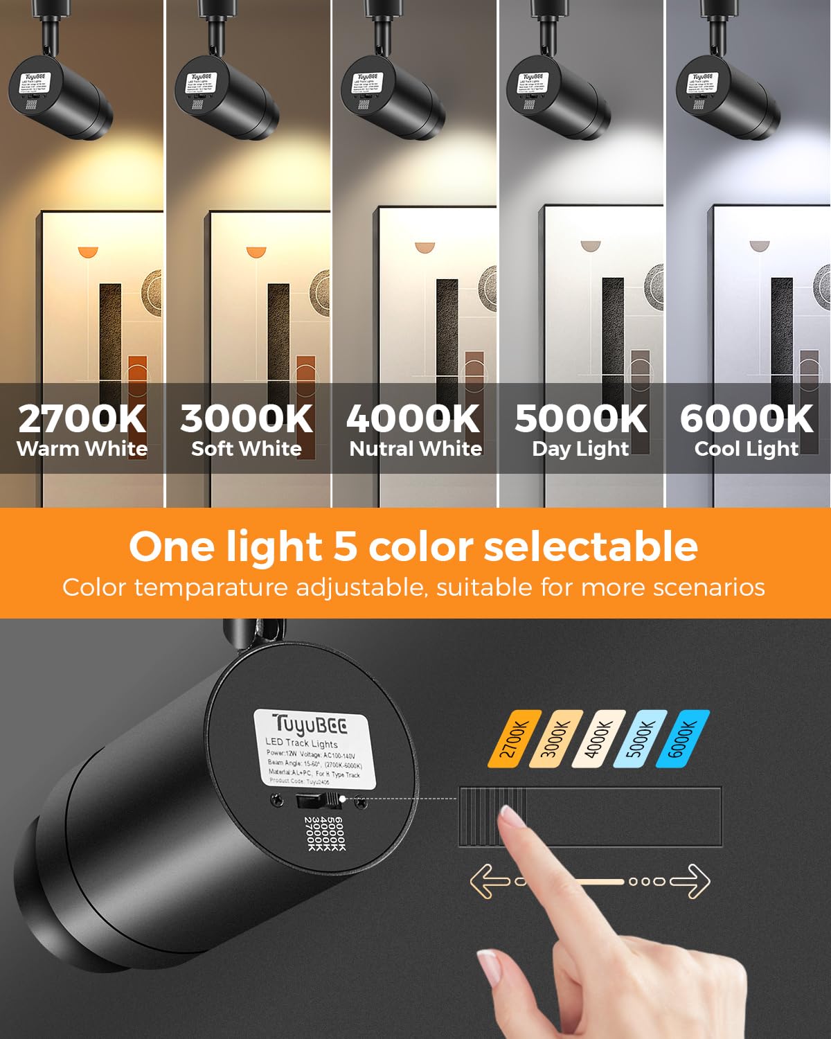 TuyuBEE 5 Color Zoomable 6-Light LED Track Lighting Kit with 6.6FT H Track Lighting Rail & Floating Canopy Connector, Modern Kitchen Track Lighting Fixtures Ceiling Spotlight, 12W Track Heads Black