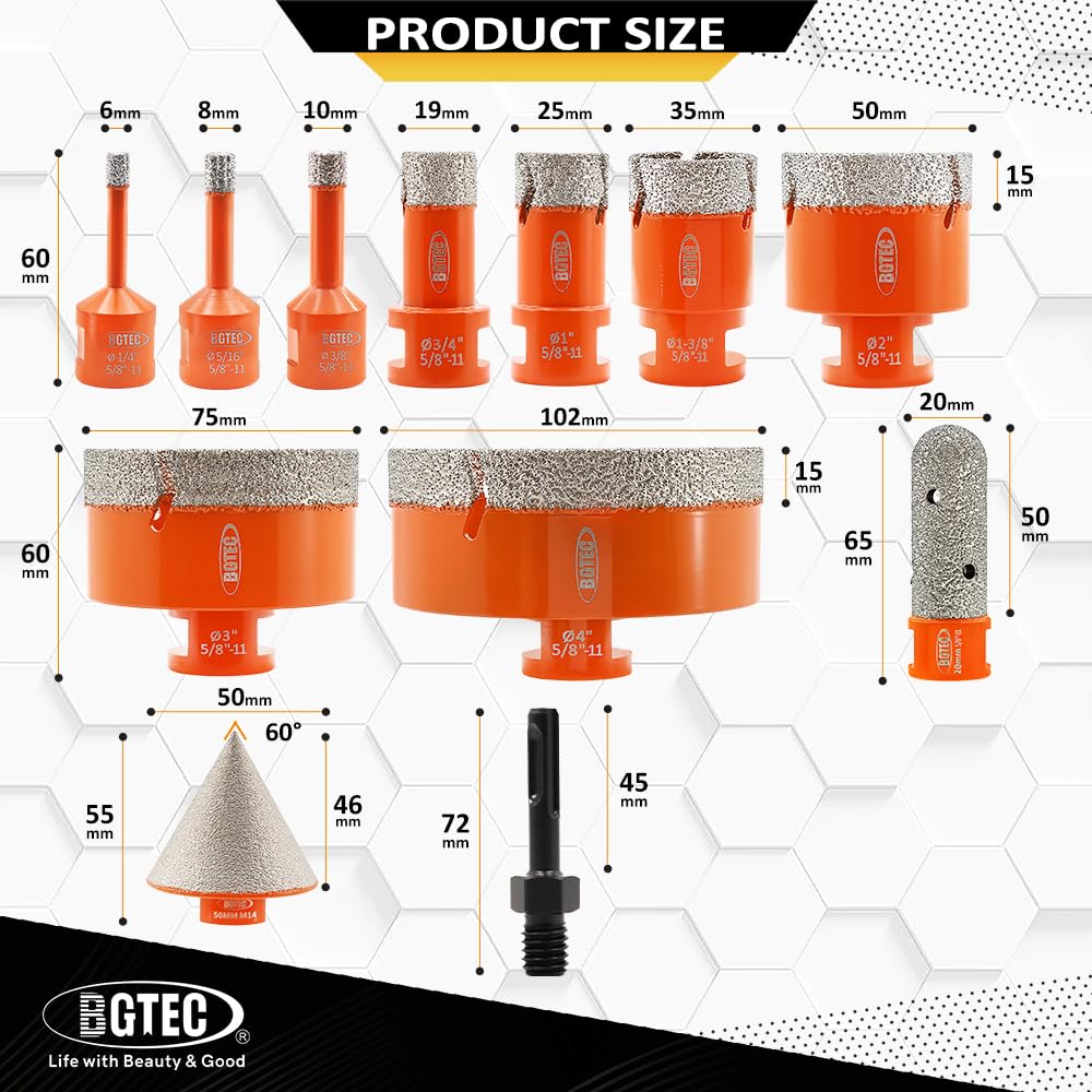 BGTEC Tile Hole Saw Kit Diamond - 12PCS 5/8-11 Thread Drill Bit 6/8/10/19/25/35/50/75/102mm+50mm Chamfer Bit+20mm Finger Bit+SDS Adapter for Pocelian Tile Ceramic Marble Granite Stoneware