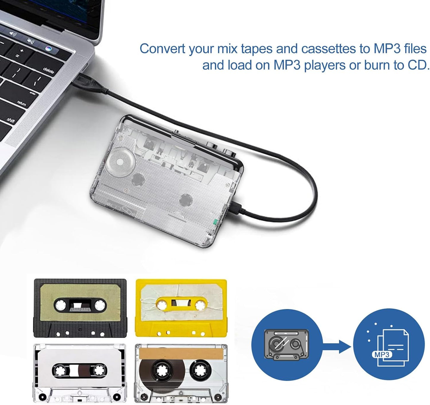 Cassette Cassette Tape-to-MP3 Cassette Docooler Player, Auto Reverse Clear Stereo Player, Converter Recorder via PC