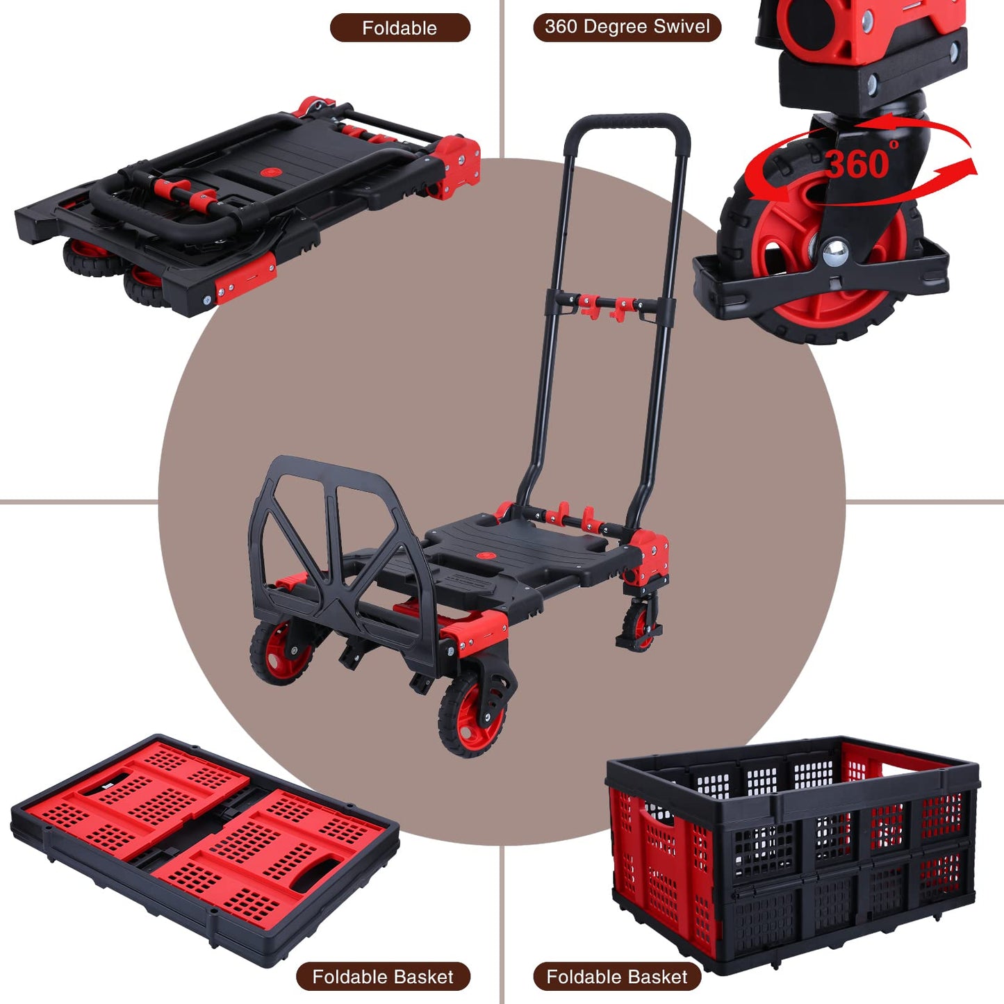 2-in-1Hand Truck Dolly Foldable with Folding Basket,330LBS Capacity Handtruck,Hand Truck Foldable Dolly with 4 Wheels,Dolly Cart with Retractable Handle,Folding Hand Cart for Moving