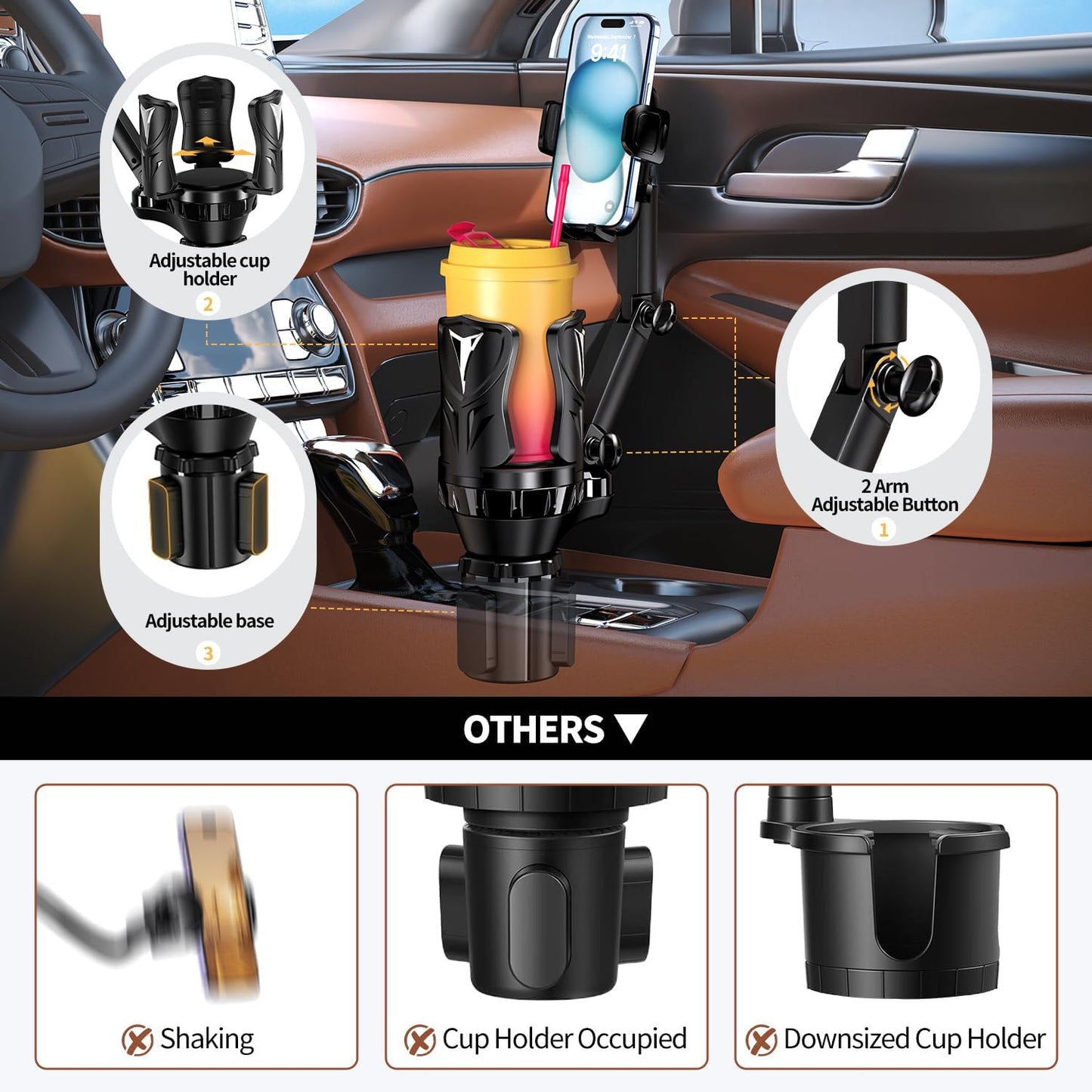 Commuters 5.31'' Phone Holders for Your Car, Adjustable Car Cup Holder Expander with Rubber Grip, Secure Hold
