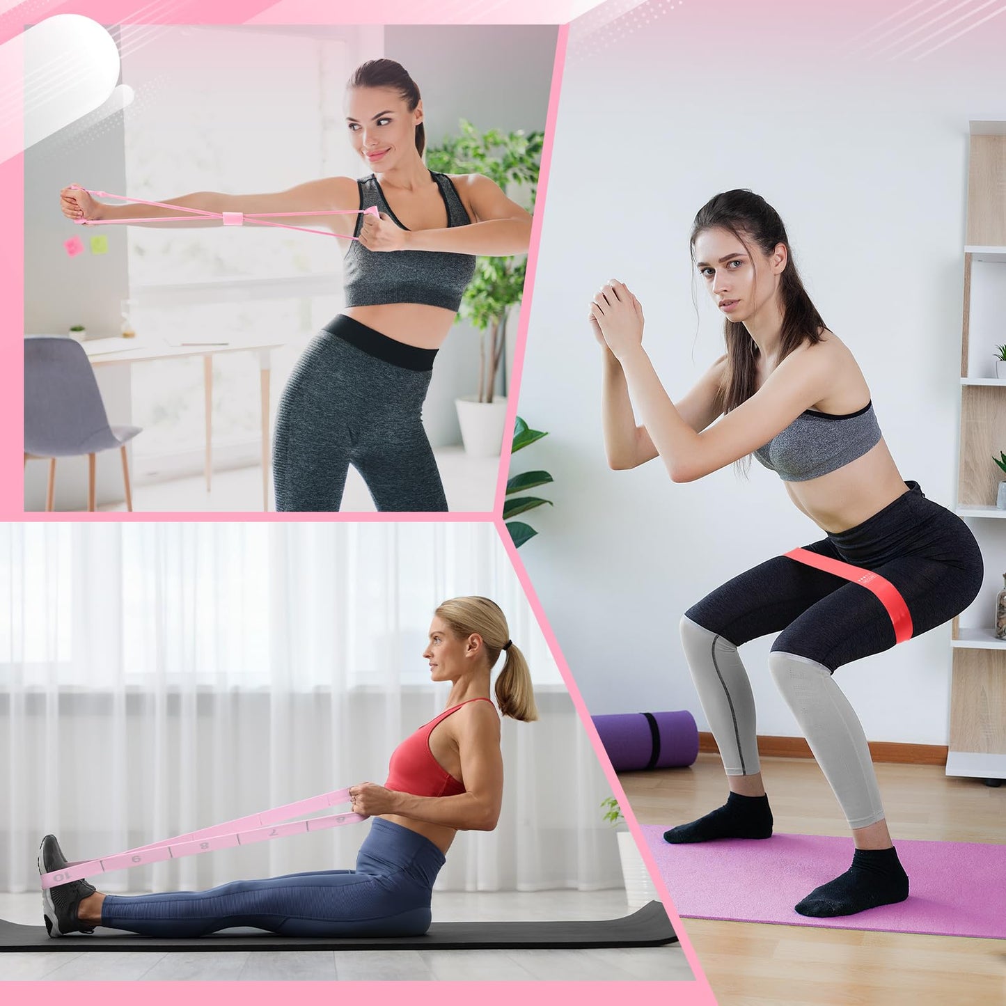 Halloscume 24 Pcs Pilates Kit, Home Pilate Equipment for Women, Pilates Ring and Ball Set with Stretching Strap, Water Bottle, Magic Circle, Yoga Ring, Gym Bag, Resistance Band, Anti Slip Sock(Pink)