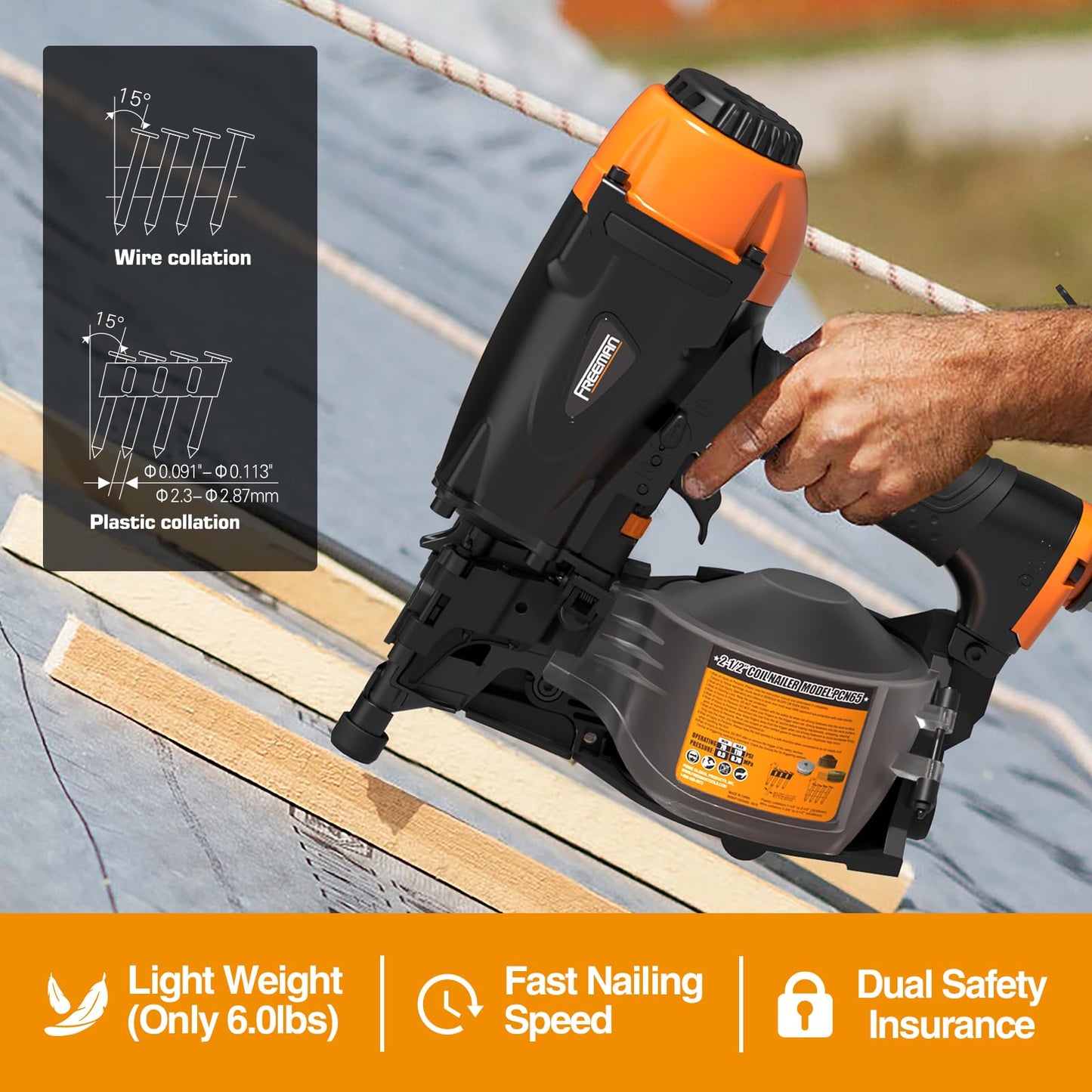 Freeman Pneumatic 15 Degree 2-1/2" Coil Siding Nailer with Adjustable Metal Belt Hook | PCN65