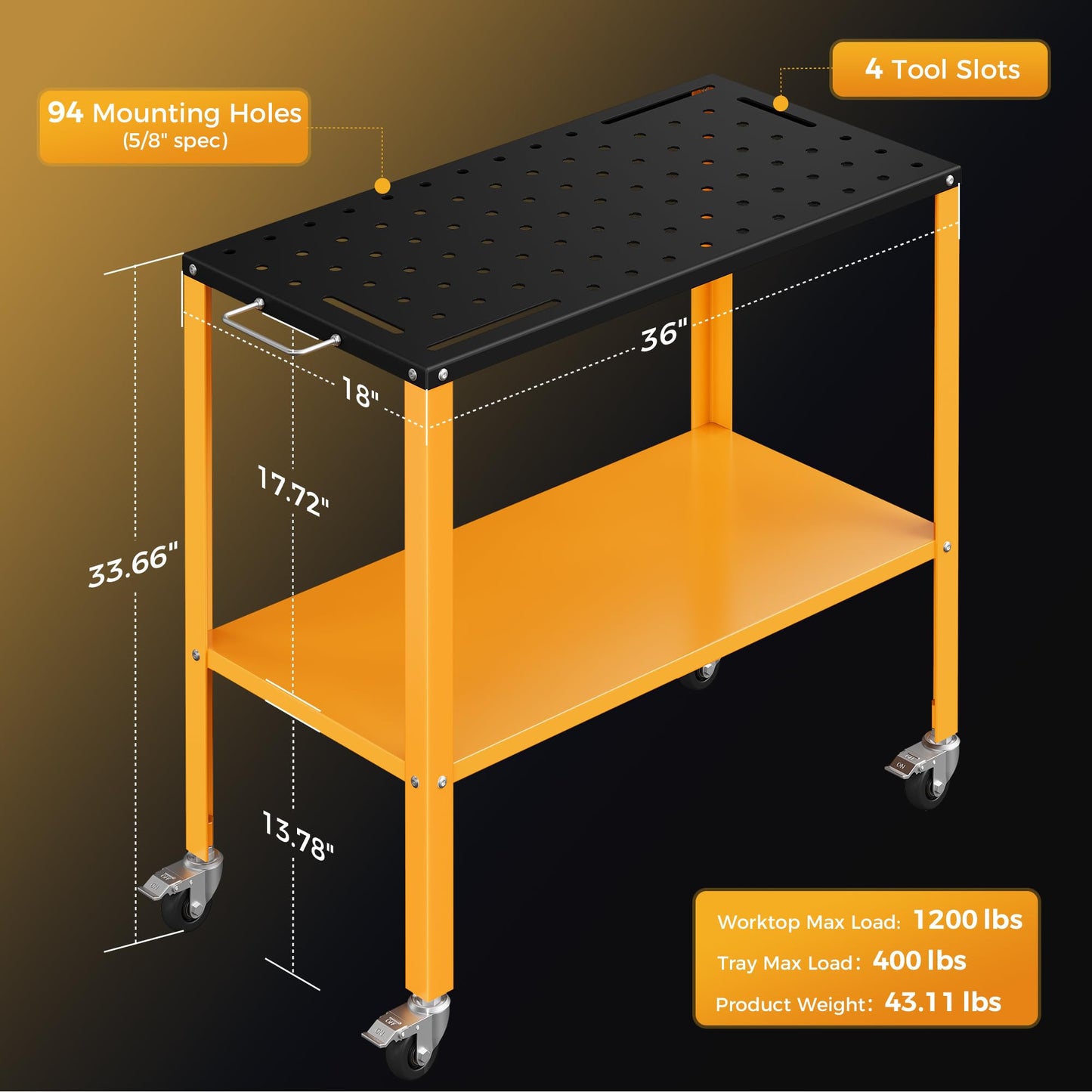CAMMOO 1200LBS Welding Table, 36"x18" Welding Workbench, Black Oxide Finish Tabletop with 4 Lockable Braking Casters, Storage Tray, 4 Tool Slots and 5/8'' Fixture Holes for Garage & Workshop