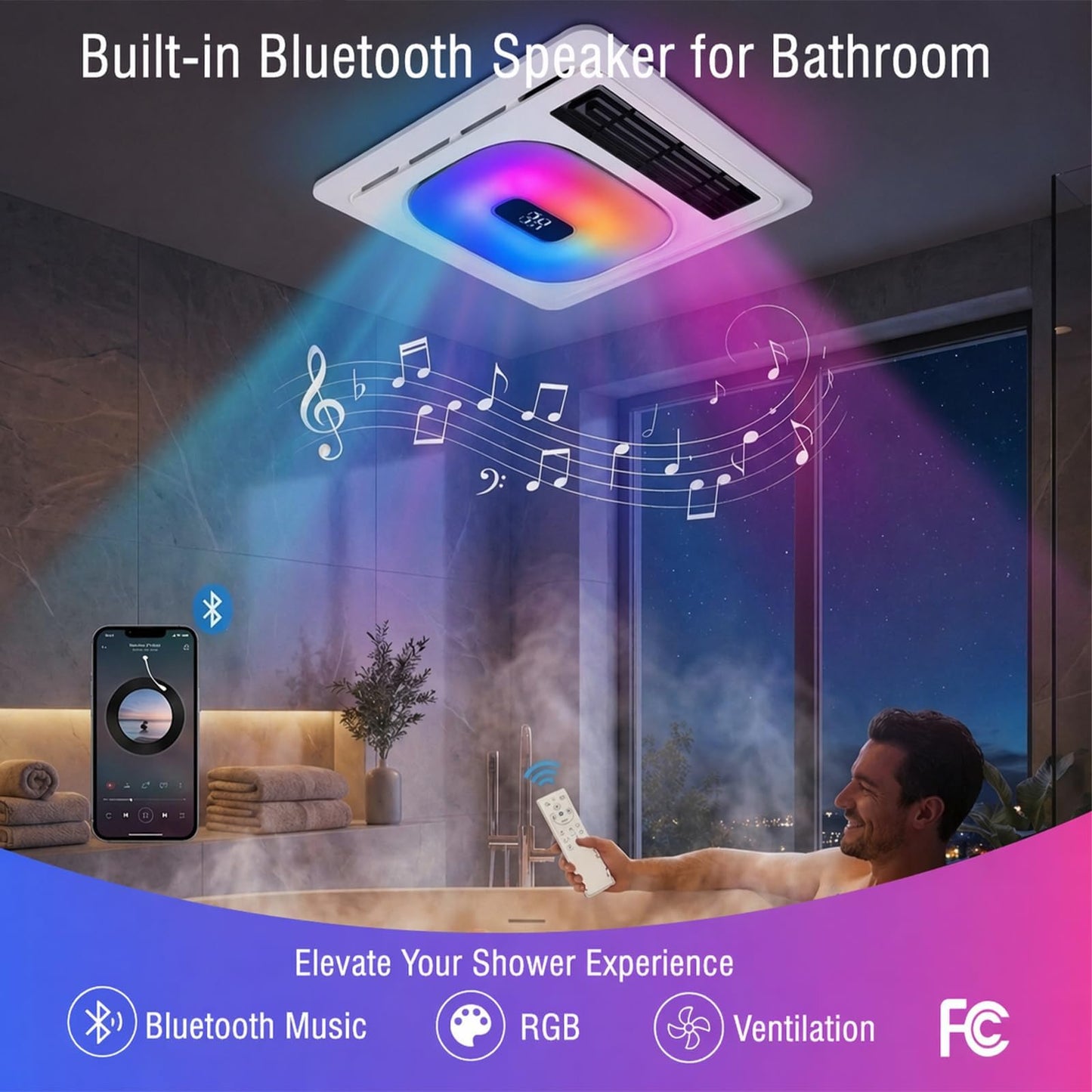 Plutoslove Bathroom Exhaust Fan with Bluetooth Speaker & Heater 1800W for Bathroom, 180 CFM, Quiet 1.0 Sone, 3CCT & Nightlight, 2 Heat Levels, 7 RGB Mode, Remote Control, Ceiling Mount, FCC Certified