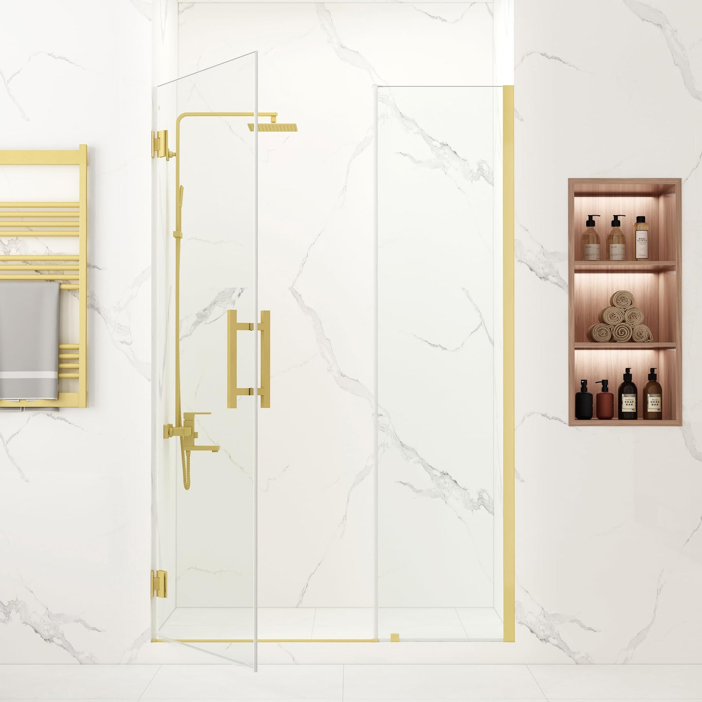 Bathlink 43-44" W x 76" H Frameless Pivot Shower Door, Pivot Swing Shower Door with Clear Tempered Glass 5/16"(8mm), Reversible, Brushed Gold Finish, Magnetic Closing