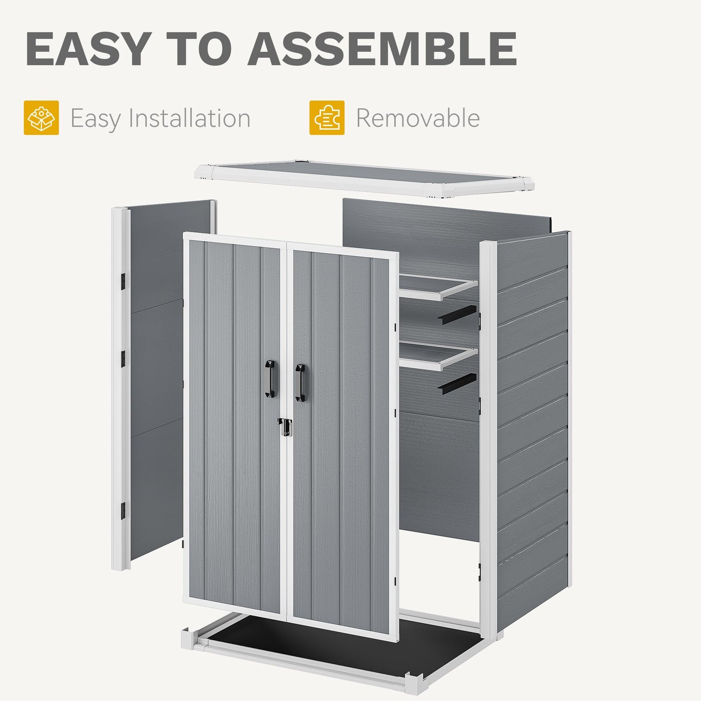 DWVO 5X3FT Outdoor Vertical Storage Shed with 2 Shelves, 60 Cu Ft Waterproof Resin Garden Shed with Floor & Lockable Door, Plastic Tall Tool Cabinet for Garbage Can, Lawn Garden Supplies, Gray
