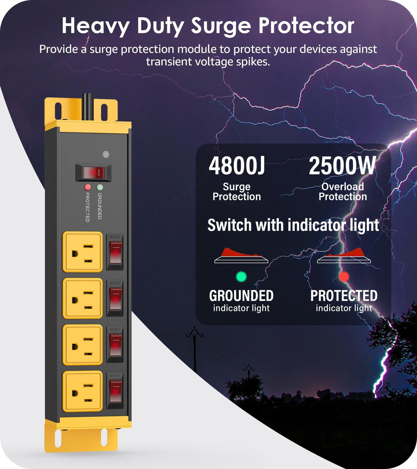 CCCEI 12 Gauge Outdoor Long Extension Cord with Multiple Outlets, 20 Amp Individual Switches Heavy Duty Surge Protector Power Strip, Garage Wall Mount Outlet Extender. 100 FT, Yellow.