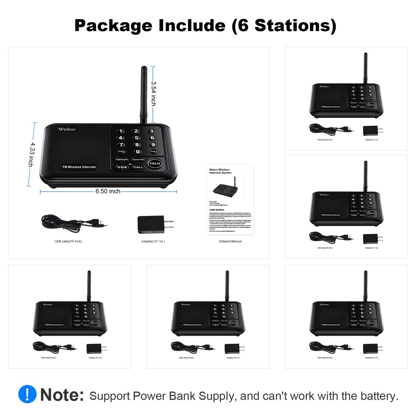 Wuloo Intercoms Wireless for Home 5280 Feet Range 10 Channel 3 Code, Wireless Intercom System for Home House Business Office, Room to Room Intercom, Home Communication System (6 Packs, Black)