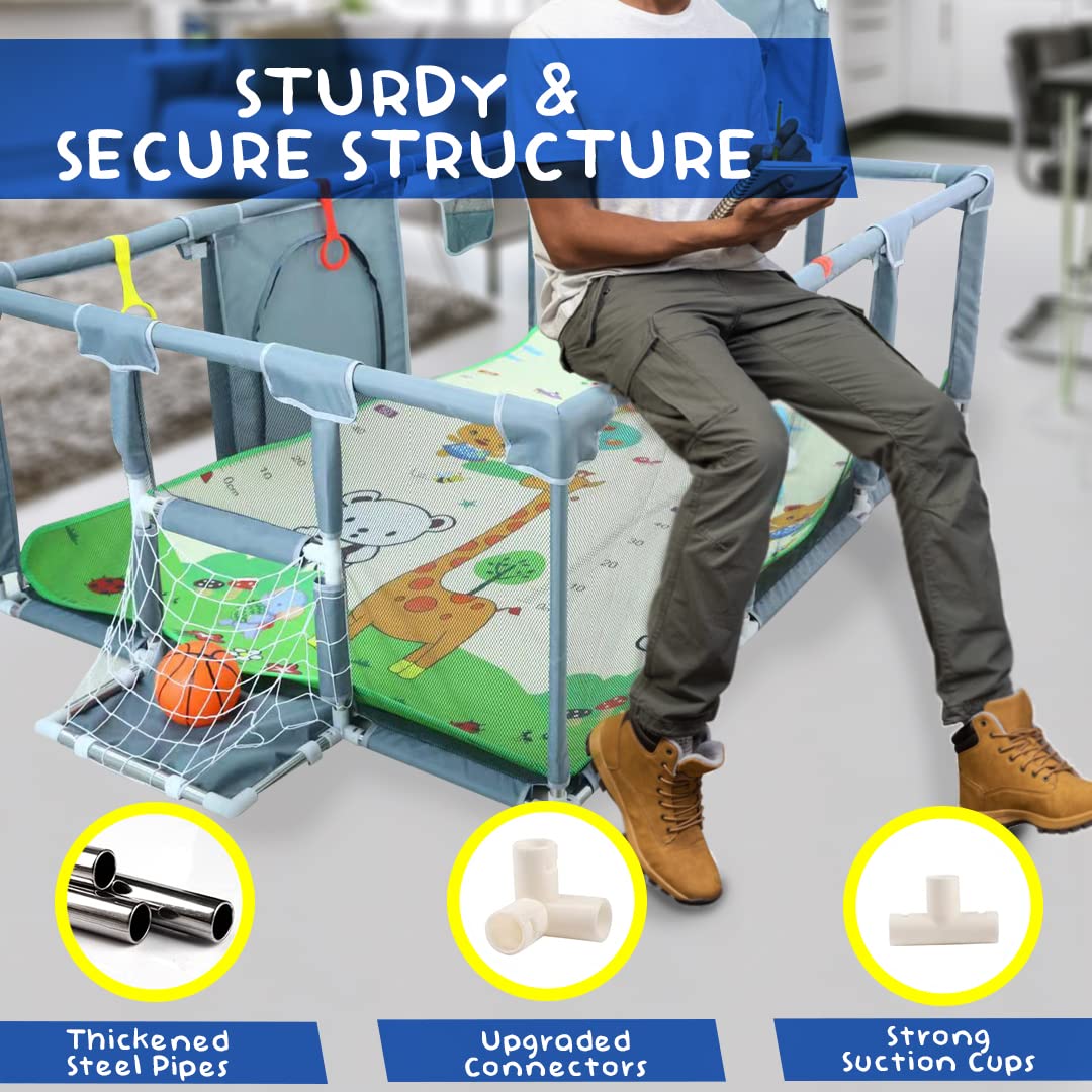 Upgraded Playpen - Enhanced Thick Foldable Mat, Balls, 4 Rings, Storage Bag & Sports Nets - BPA-Free & Safe