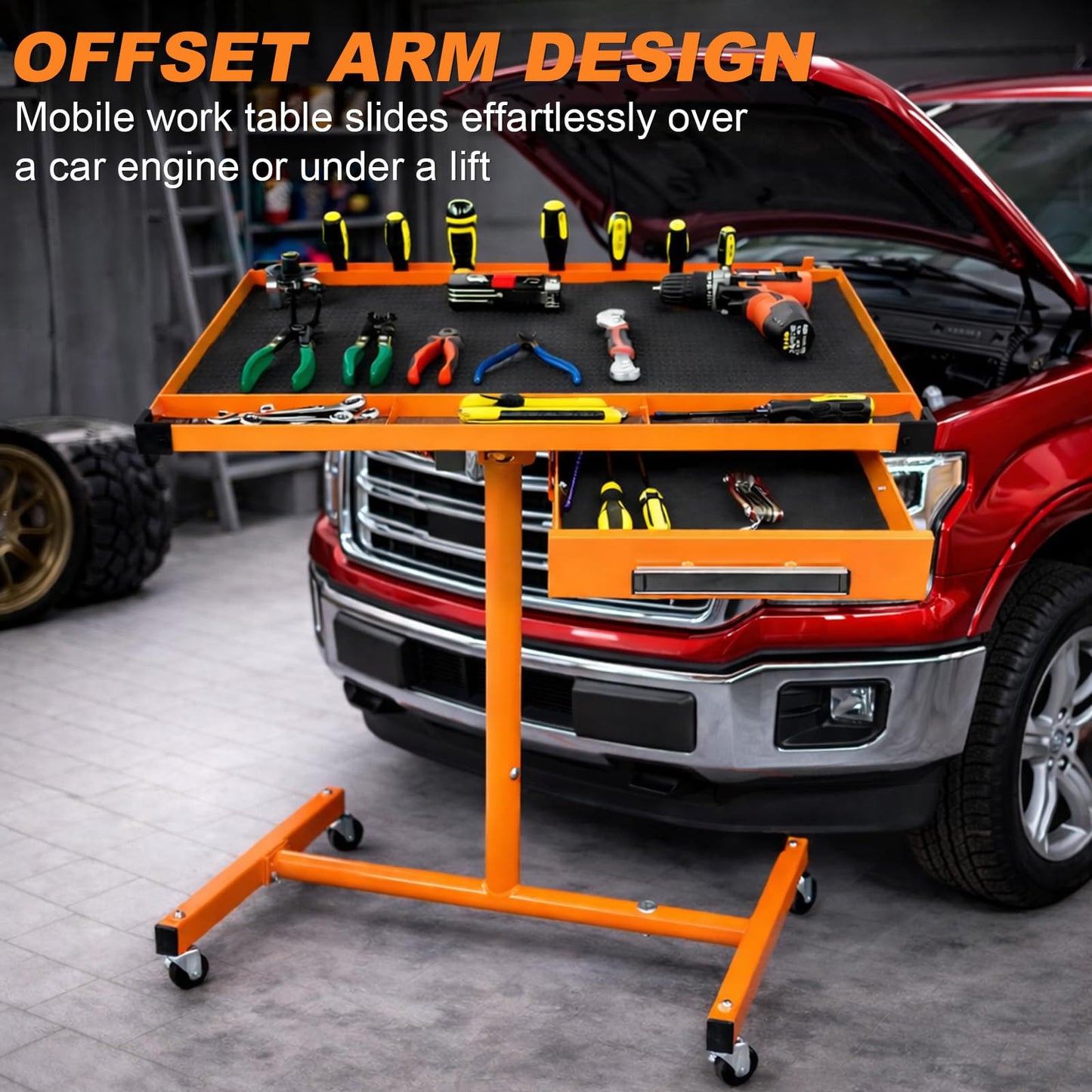 A A IN LT18 Heavy Duty Adjustable Work Table with Drawer for Mechanic,220lbs Capacity Rolling Tool Tray Table with Wheels Orange