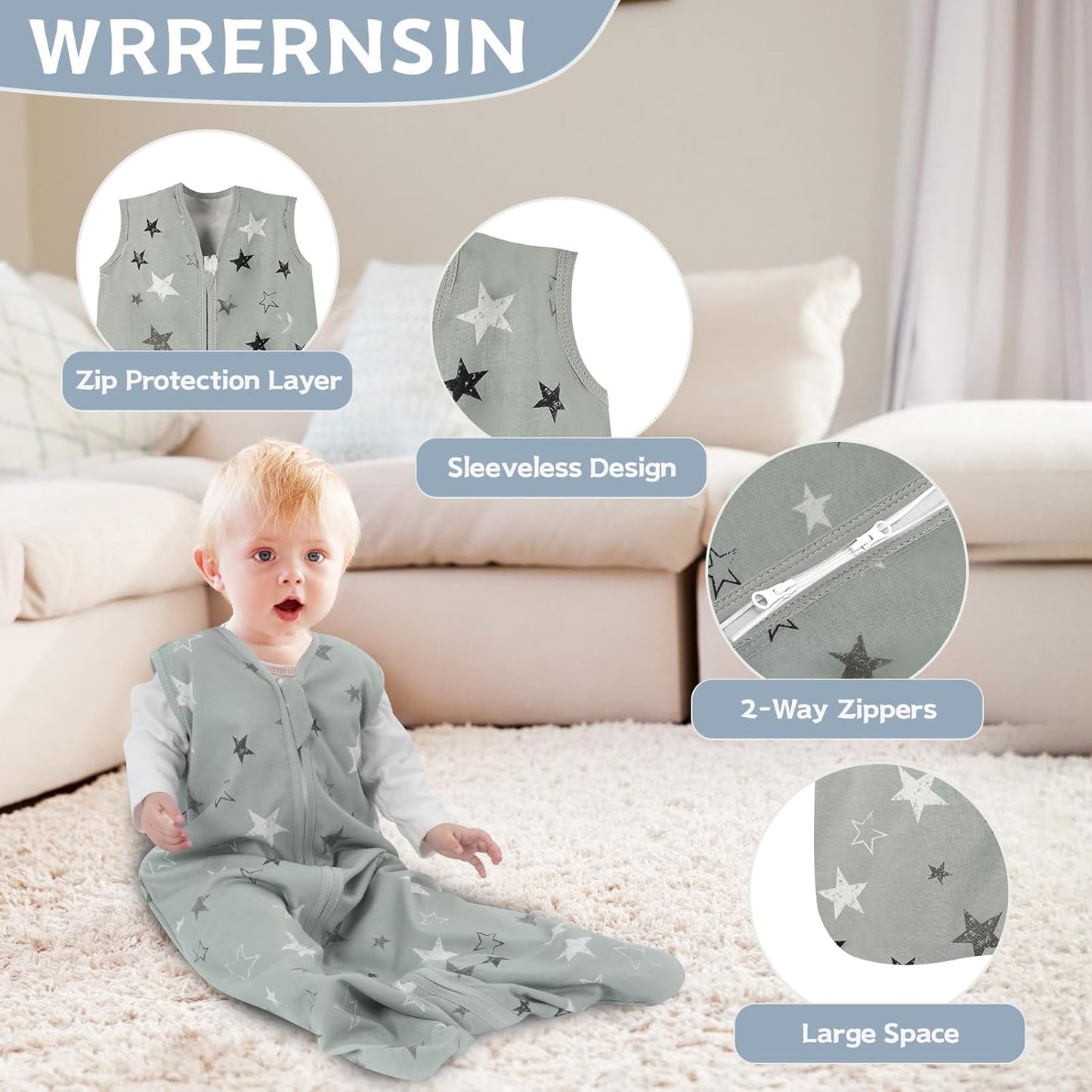 Skiennix Baby Sleep Sack - 100% Cotton Wearable Blanket for 6-12 Months | 3-Pack Lightweight 2-Way Zipper