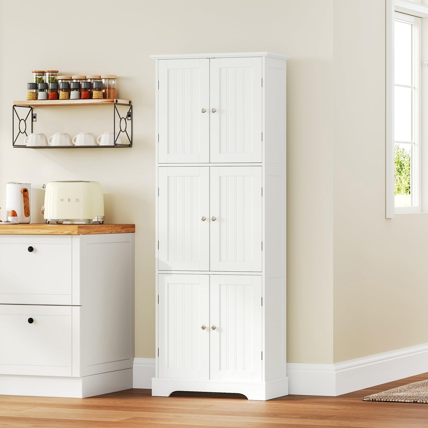 ChooChoo Tall Bathroom Storage Cabinet with 6 Doors, Freestanding Floor Cabinet with Adjustable Shelves, White Pantry Cabinet for Bathroom, Kitchen, Laundry Room