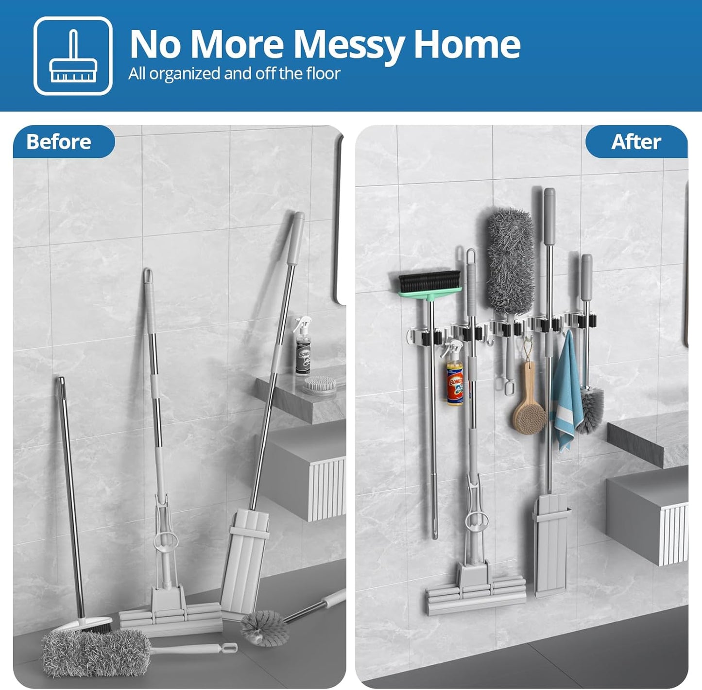 Skiennix Broom Holder - Heavy-Duty Wall Mount Organizer with 5 Racks & 4 Hooks for Kitchen & Garage