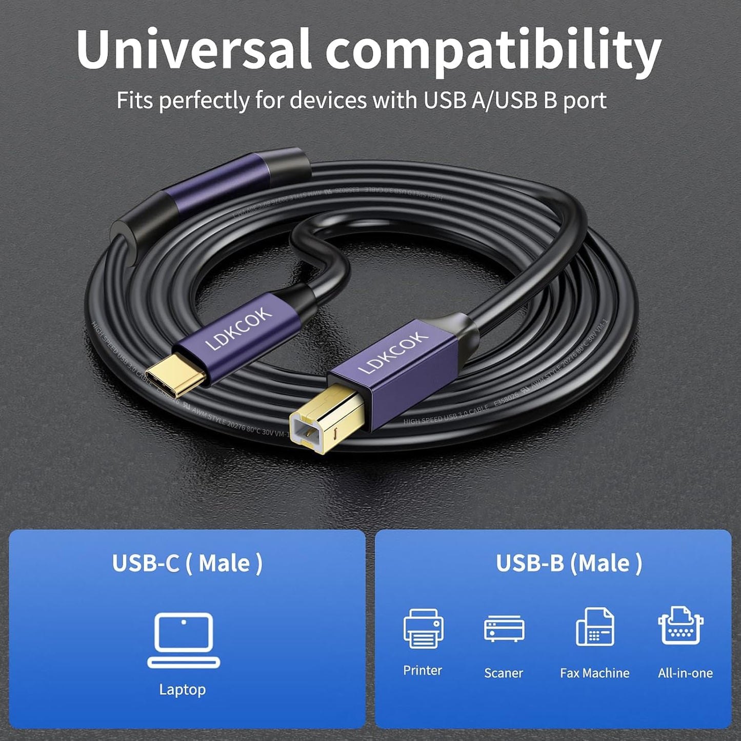 LDKCOK 40FT, USB B to USB C Printer Cable USB C MIDI Cable Compatible for MacBook Pro, HP, Epson, Canon, Brother