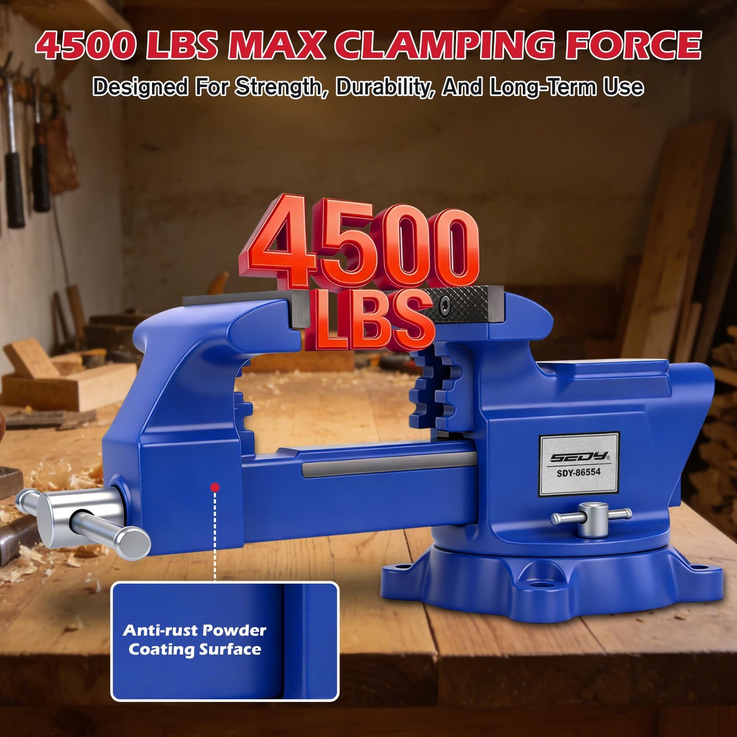 6-Inch Bench Vise with Jaw Pads, Heavy Duty Workbench Vise with Anvil, 360° Swivel Locking Base, 4500 lbs Clamping Force Bench Vice for Woodworking, Drilling, Pipe Cutting