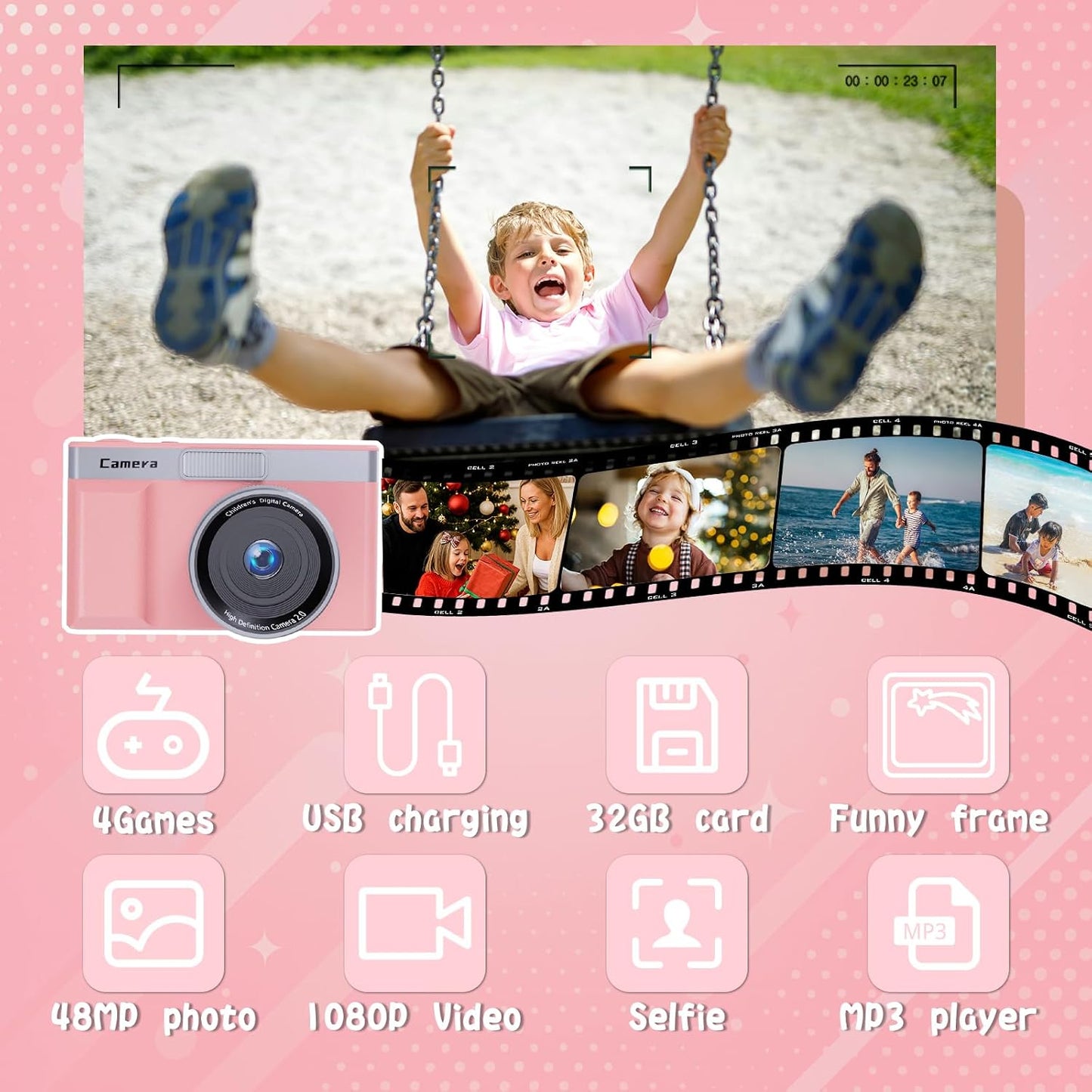 fceoul 1080P 5MP 180 32GB Kids Camera, Digital Camera for Kids with Flip Screen & SD Card, Retro Toddler Toy Camera