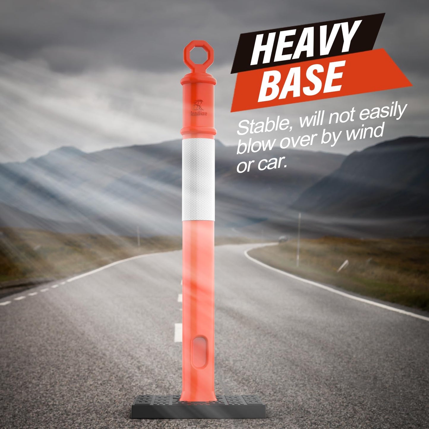RoadHero 45 Inch Delineator Post with Base, Portable Orange Traffic Delineator Posts Cones with Reflective Collars for Parking Lots, Road Safety, Construction Events 6 Pack