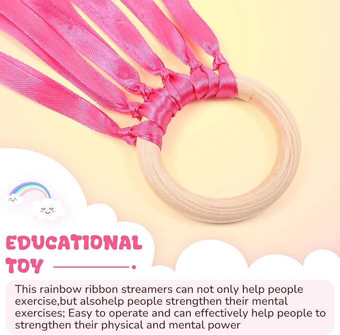 Junkin Ribbon Rings Hand Kite Waldorf Toys Dancing Wrist Ribbons Rainbow Streamers with Wood Ring Sensory Learning Educational Toy for Playroom Dancing Birthday Party Gift(Solid Color,24 Pcs)