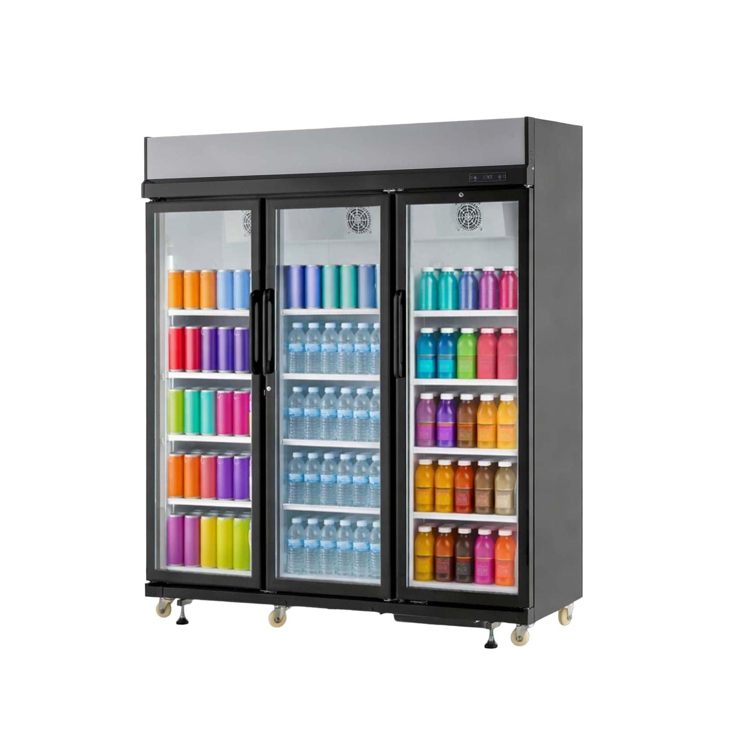 Frigidaire Commercial, 70.9" Triple Door Glass Display Refrigerator, Merchandiser Fridge, 49 Cu Ft, LED Lighting, 8 Wire Shelves, Digital Temperature Control, Self-Closing Glass Doors
